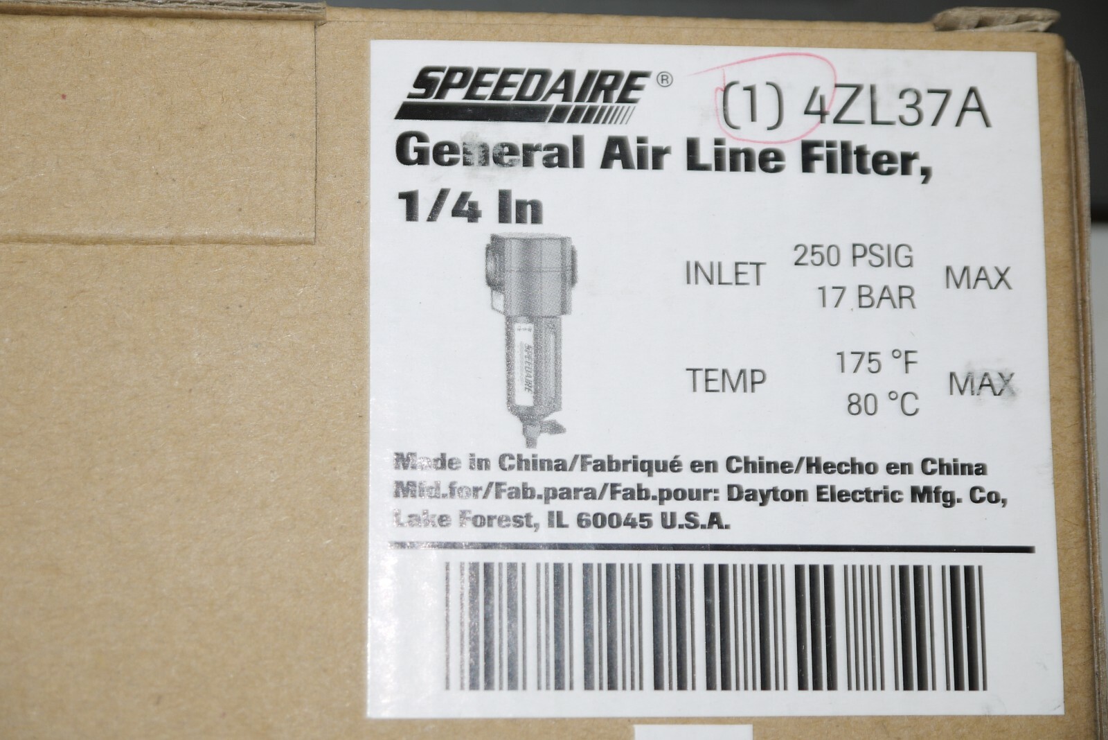 SPEEDAIRE 4ZL37 4ZL37A AIR LINE FILTER 1/4″ INLET 250 PSIG NEW