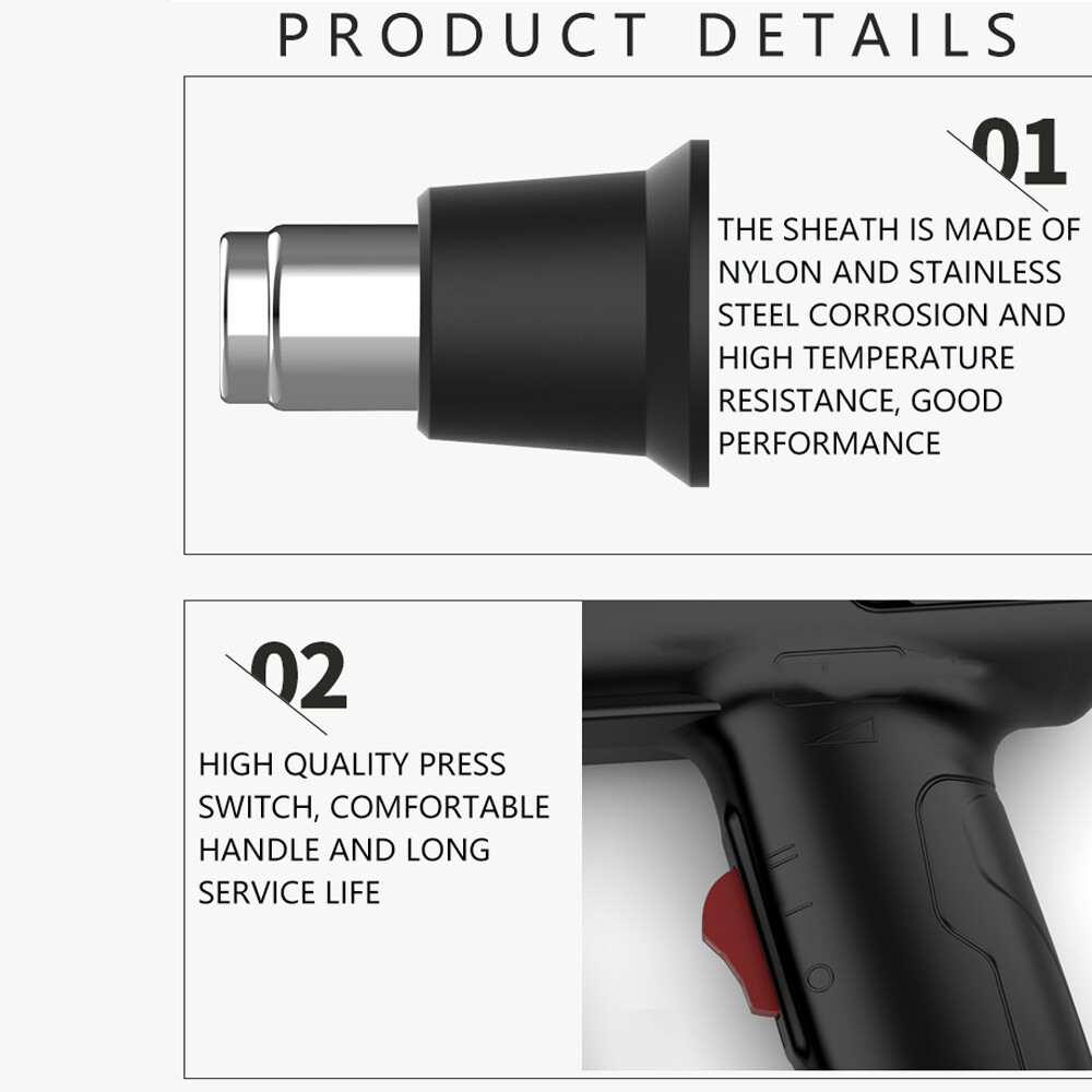 2000W Heat Gun Hot Air Gun Dual Temperature Settings + 4 Nozzles High Power Tool