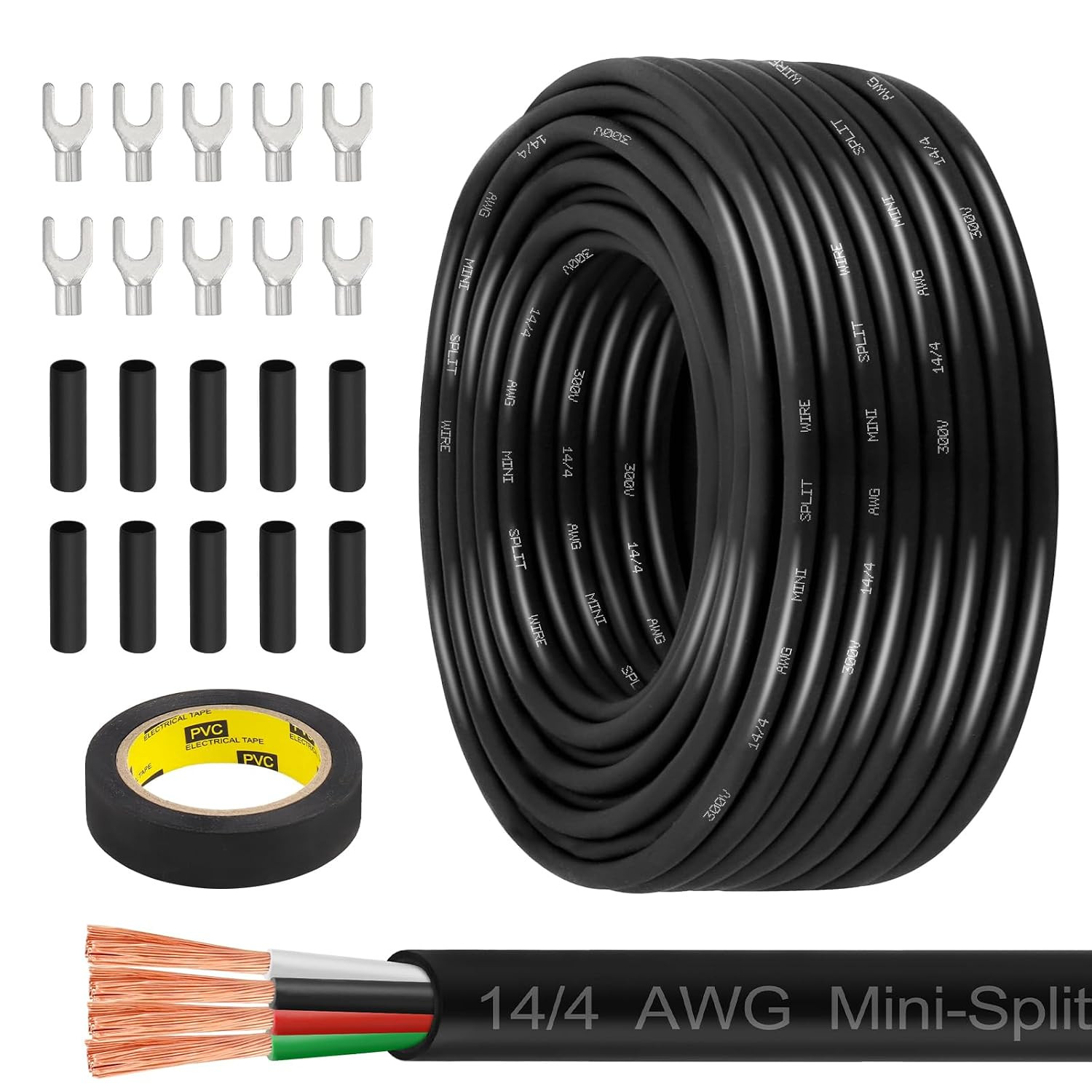 14/4 AWG Mini-Split Cable – 100FT 14 AWG 4 Conductor Control Cable 300V Stranded