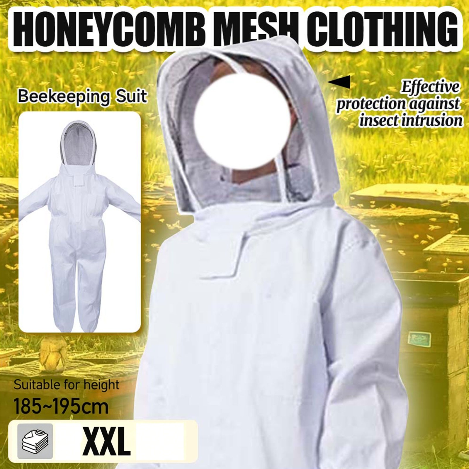 Bee Suit XXL with Veil Hood Full Body Protective Beekeeping Suits White