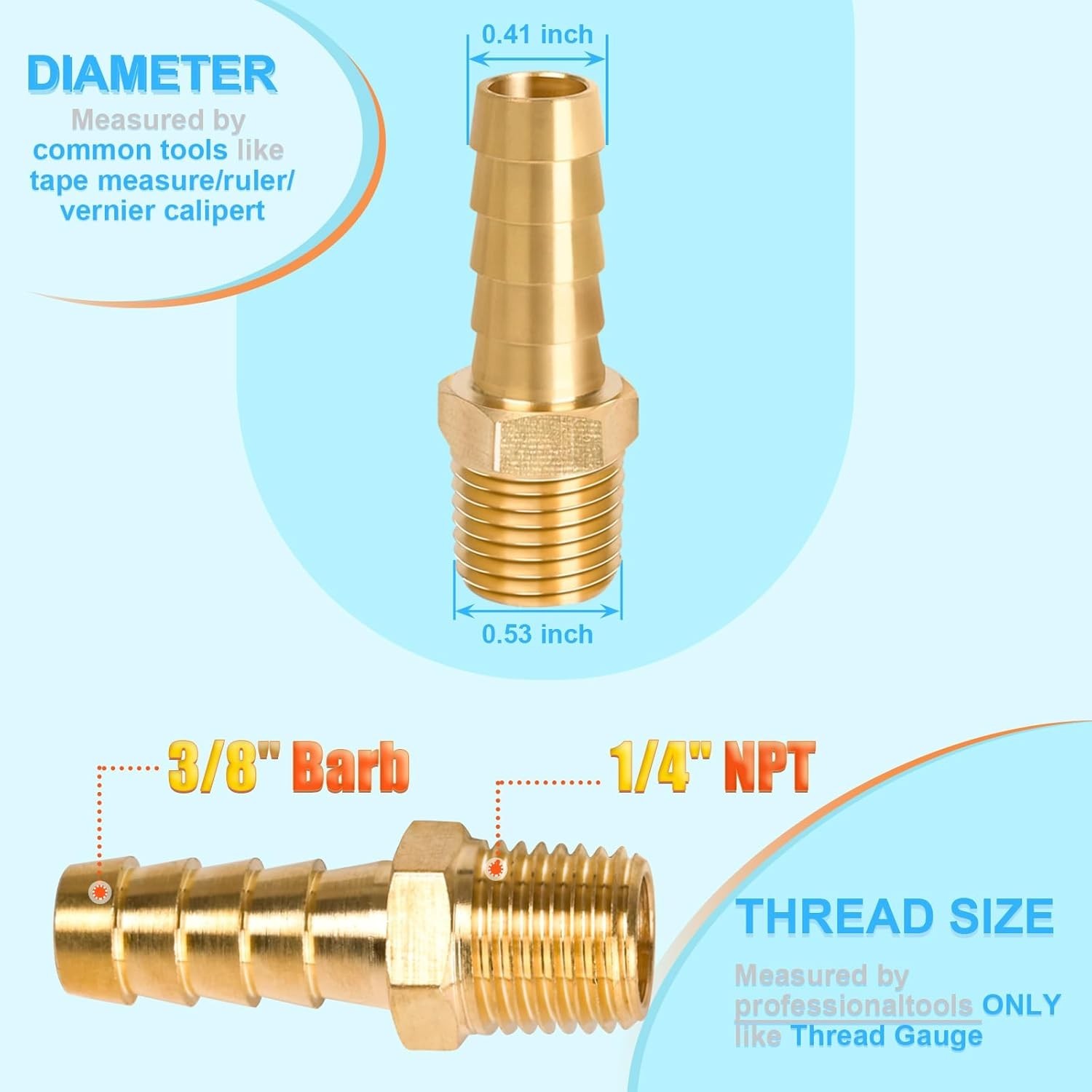6 Pcs Brass Hose Barb Fittings, 1/4 NPT to 3/8 Barb, Barbed Hose Fittings, Male