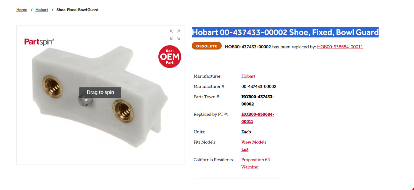 Hobart 00-437433-00002 or 00-938684-00011 KIT FIXED SHOE KIT