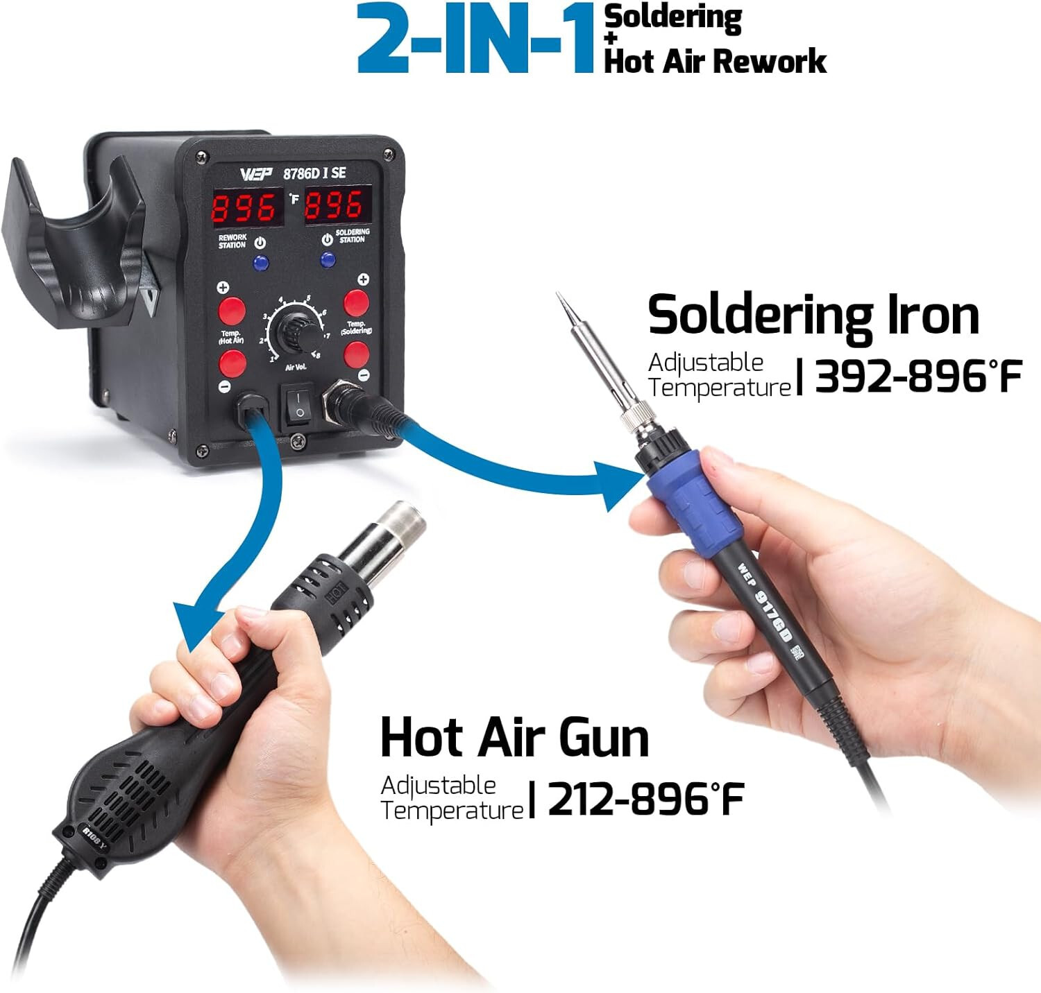 WEP 8786D-I SE Hot Air Soldering Iron Station Kit 2-IN-1 SMD Rework Station Tool