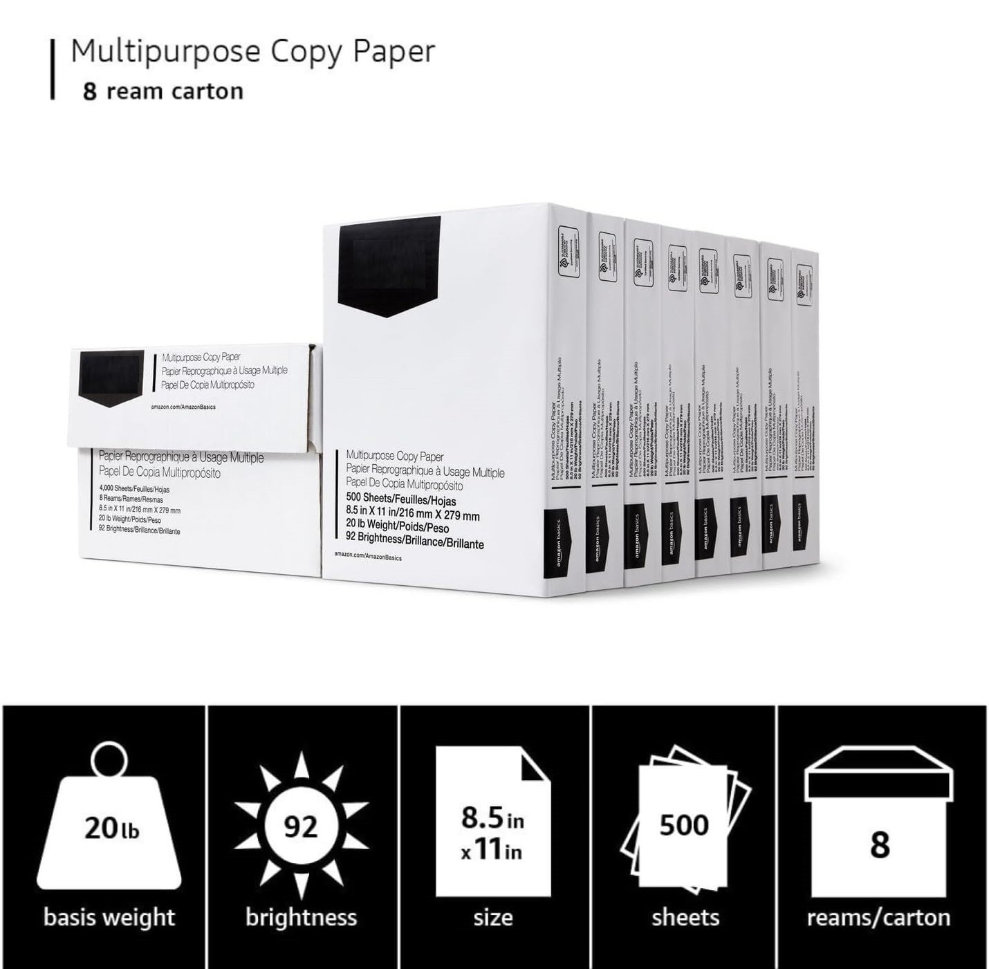Multipurpose Copy Printer Paper 20 lb 8.5 x 11 Inches 8 Reams 4,000 Sheets