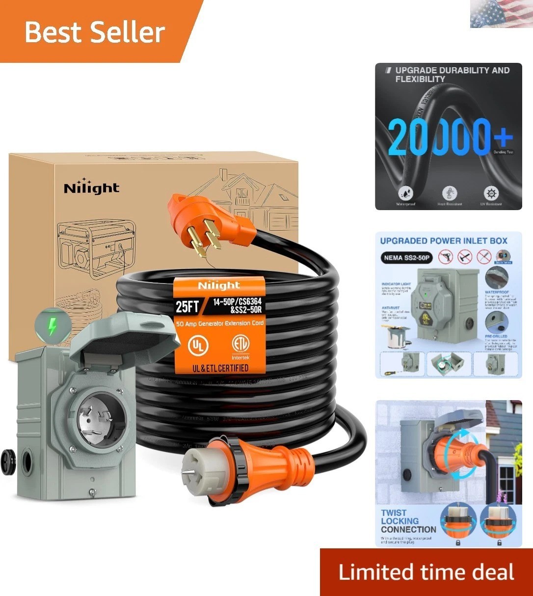 Heavy-Duty 50A 25FT Generator Cord with Certified Inlet Box for Durability