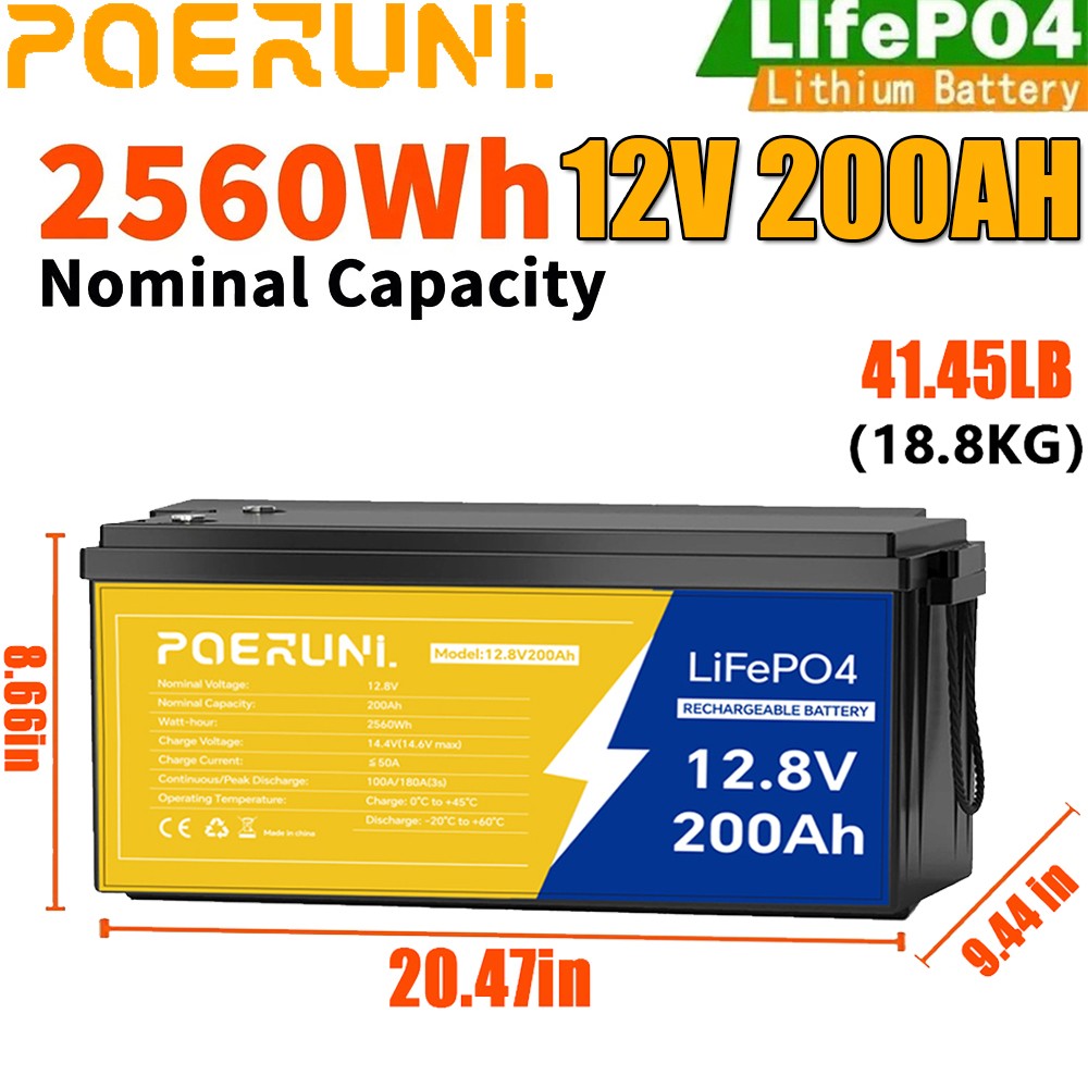 POERUNI 12V 200Ah LiFePO4 Lithium Battery Built-in BMS Deep Cycle for Solar RV