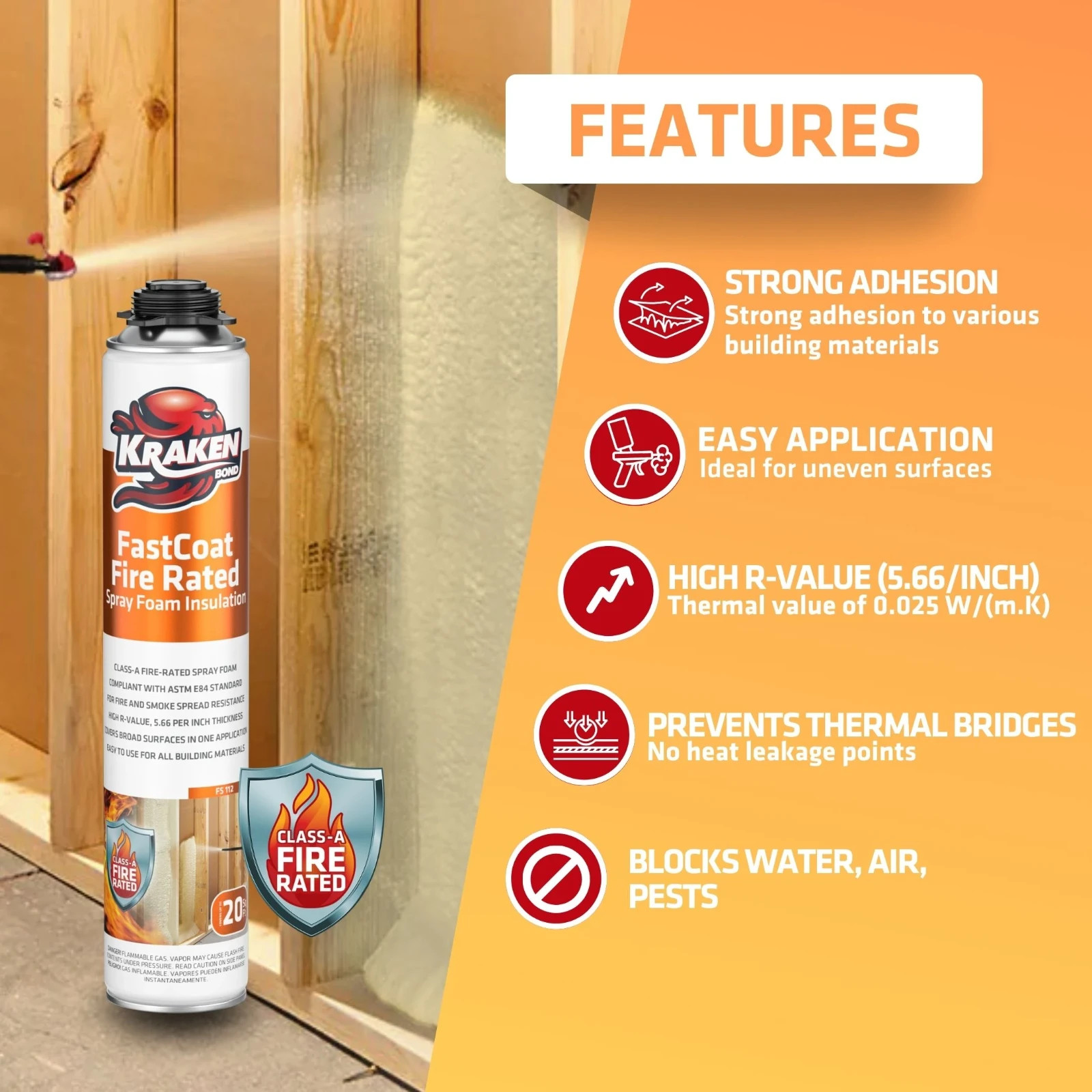 Kraken Bond FastCoat Spray Foam Insulation,Closed Cell 27.1 oz, 12 Pack (No Gun)