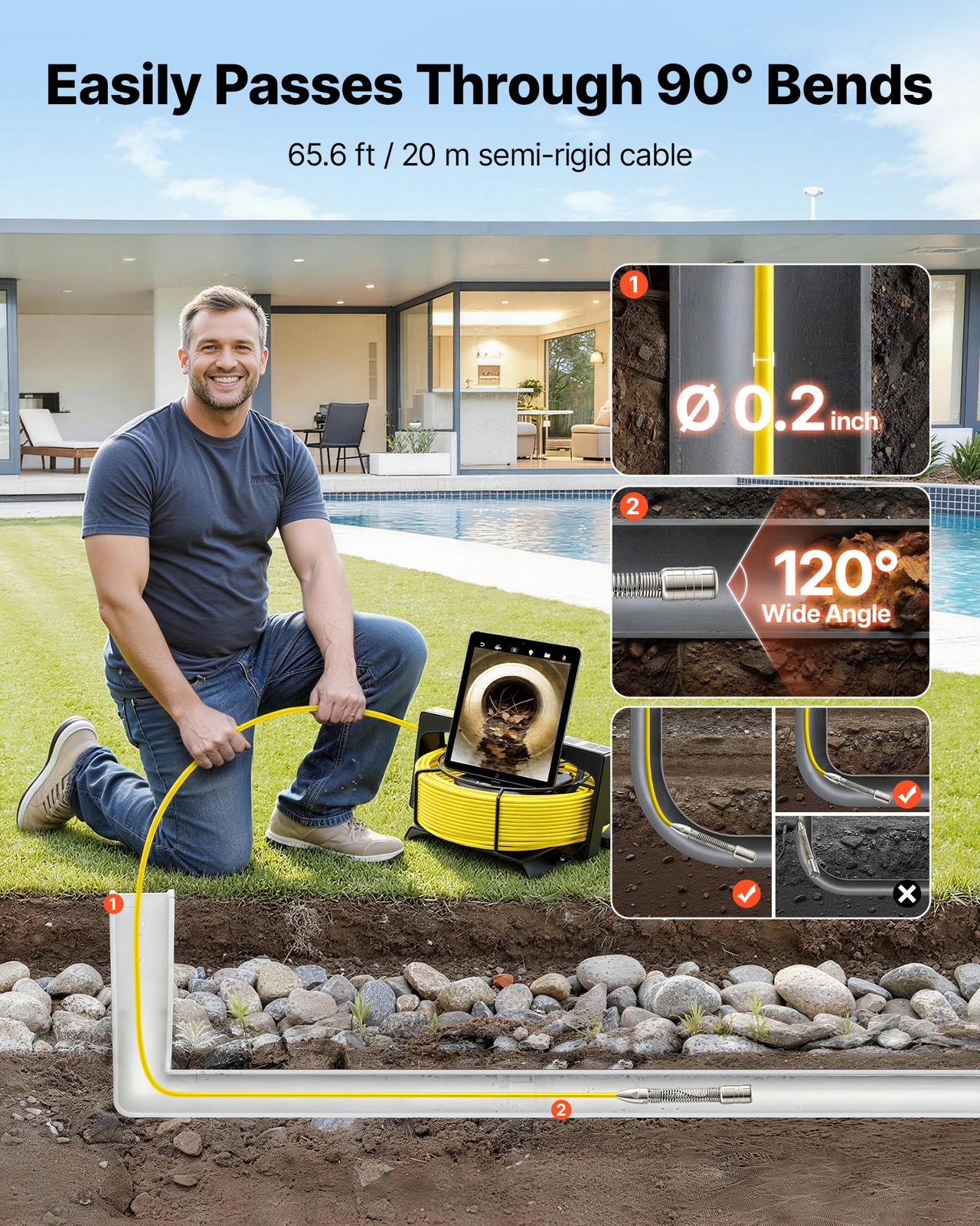 VEVOR Sewer Camera with WiFi 65.6ft/20m IP68 Drain Pipeline Camera 12 LED Lights