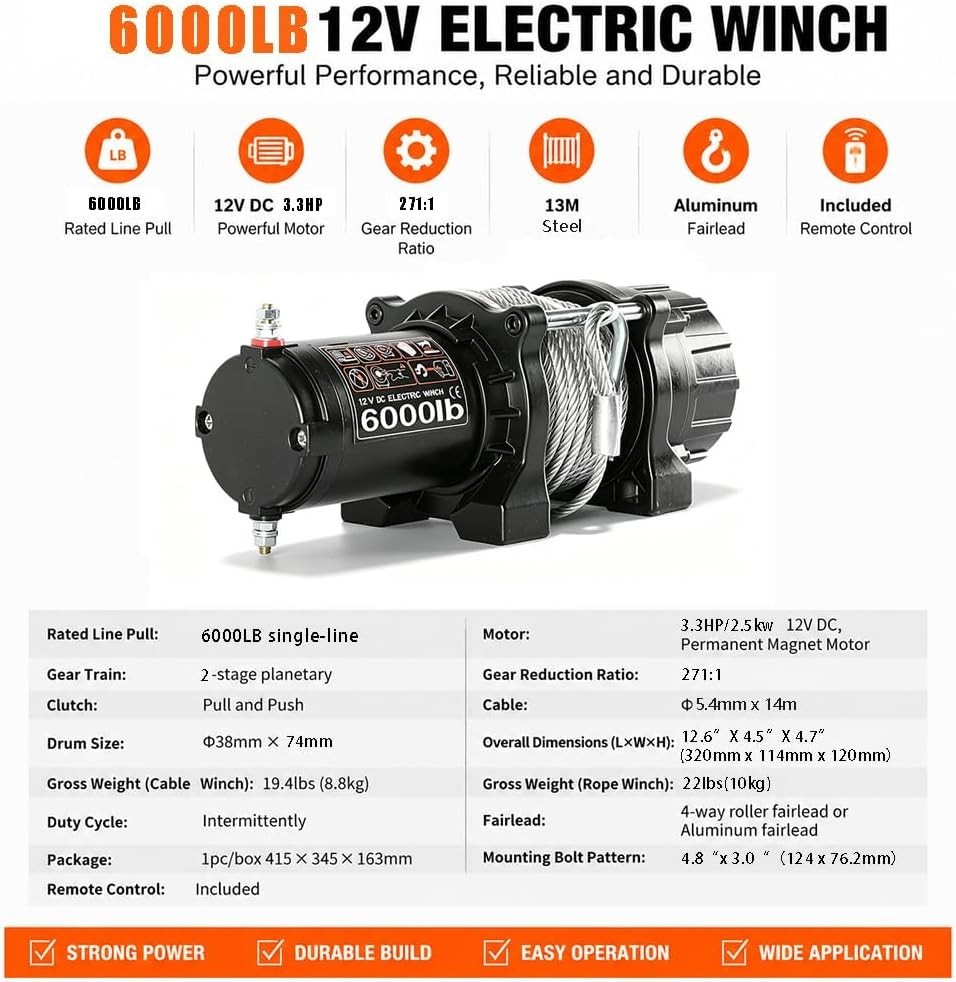 6000 lbs Waterproof Electric Winch, 12V DC Steel Rope Trailer Winch