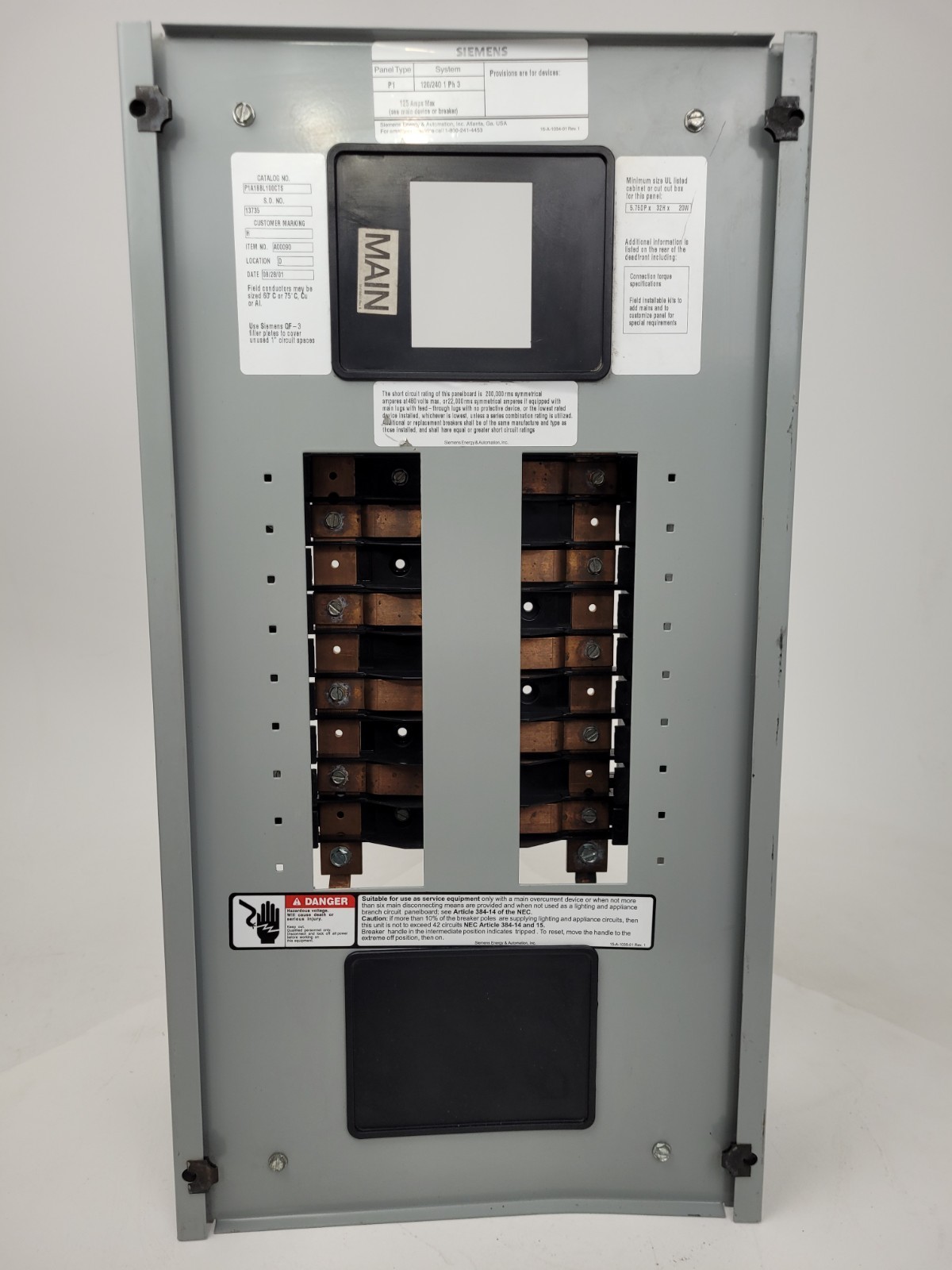 P1 Siemens 18 Circuit 125 Amp 120/240V 1 Phase Main Breaker Panel Interior