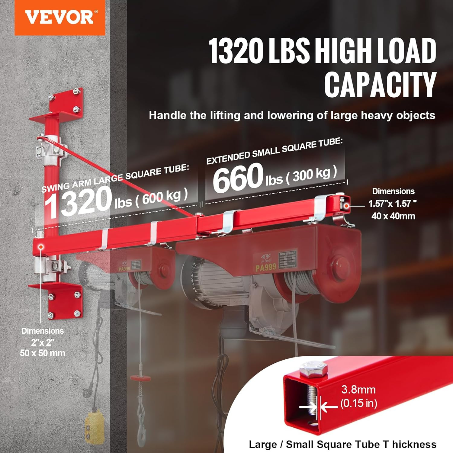 Heavy-Duty Wall Mount Jib Crane – 1320 Lbs Electric Hoist with 180° Swivel Arm