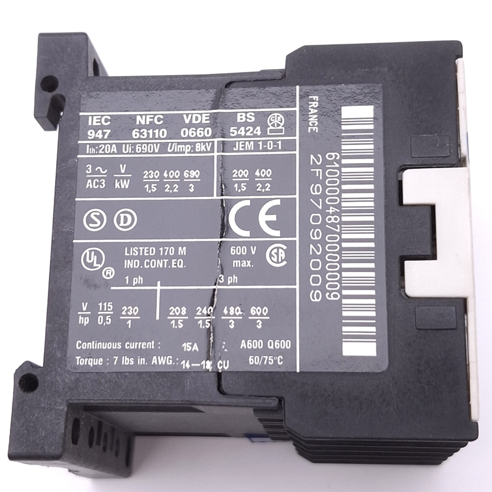 Telemecanique LC1K0610E7 Contactor, 3-Pole NO, 1NO Aux, 15A Max, 48VAC Coil