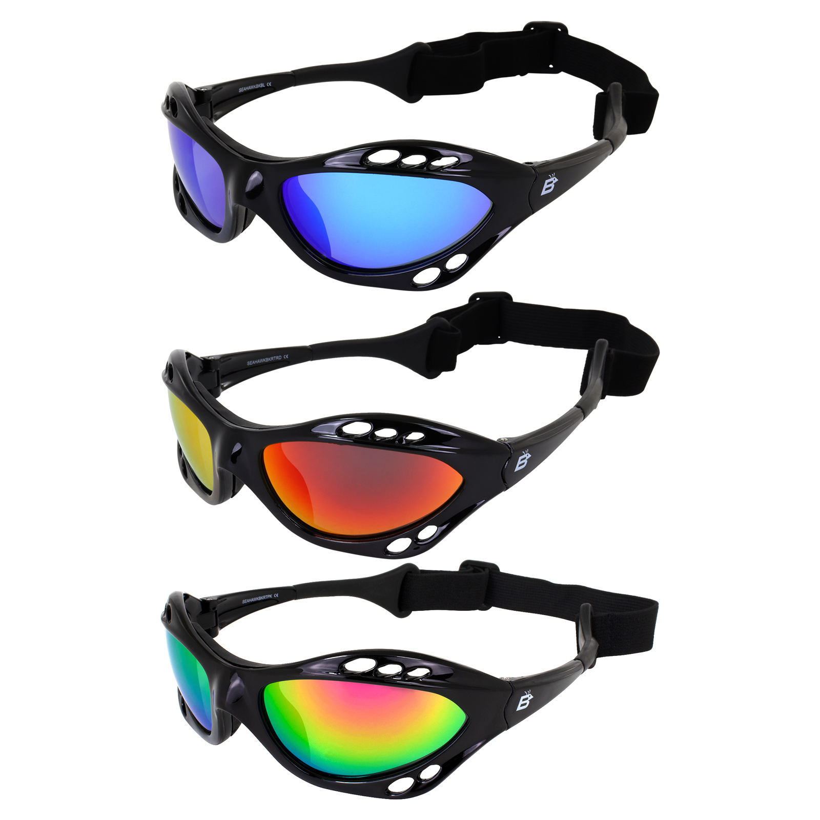 3 Pairs Birdz Seahawk Polarized Sunglasses Black w/ Blue Red Pink Mirror Lens