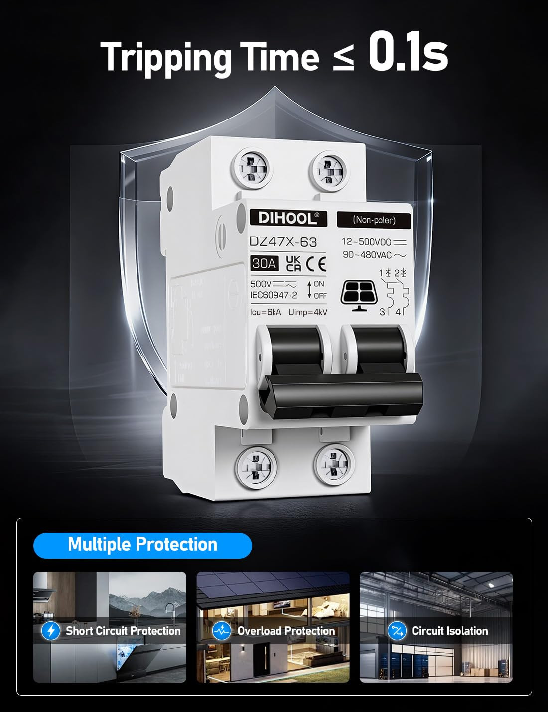 Solar Disconnect Switch, 30 Amp 2 Pole, DIN Rail Mount, Non Polarized, 12V 24V 4