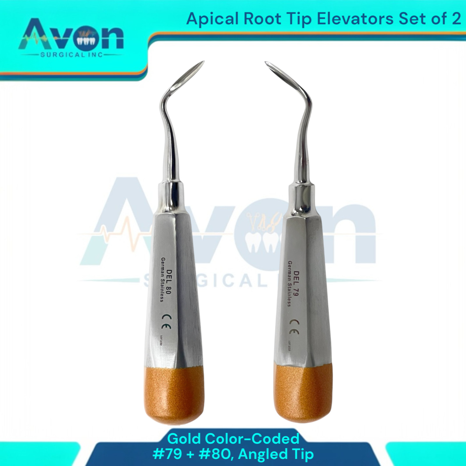 Left & Right Angled Apical Root Extraction Elevator Picks #79 + #80, Gold (2Pk)
