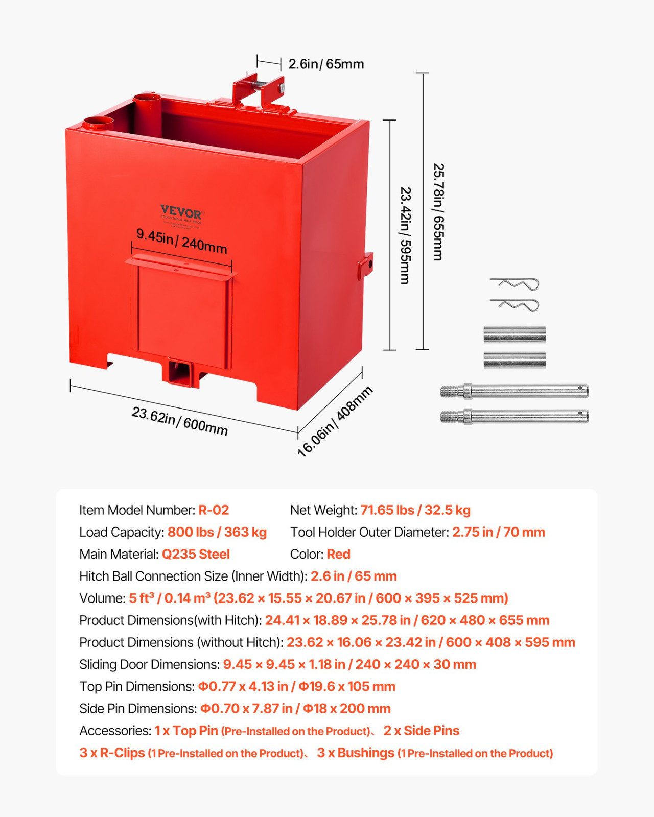 Ballast Box, 800 lbs 3 Point Category 1 Tractor Ballast Box Red