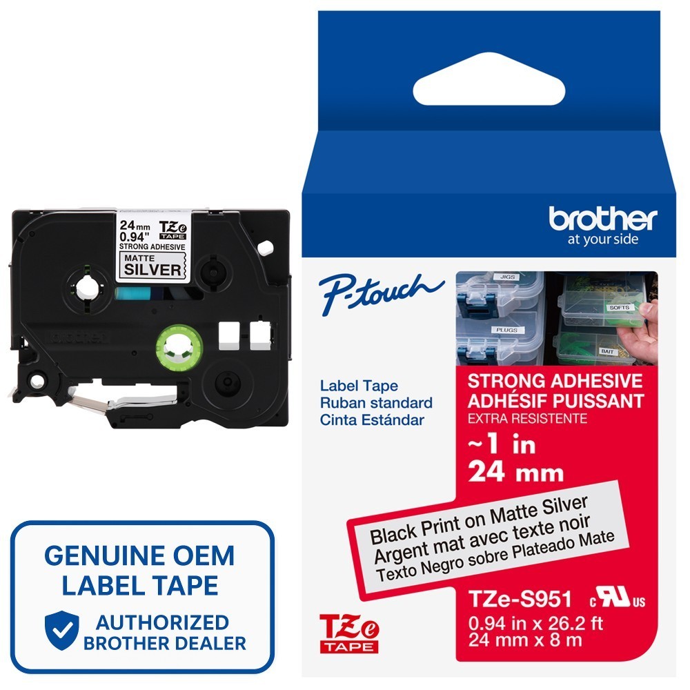 Genuine Brother TZe-S951 Strong Adhesive Black on Silver 24mm 1″ Label Tape