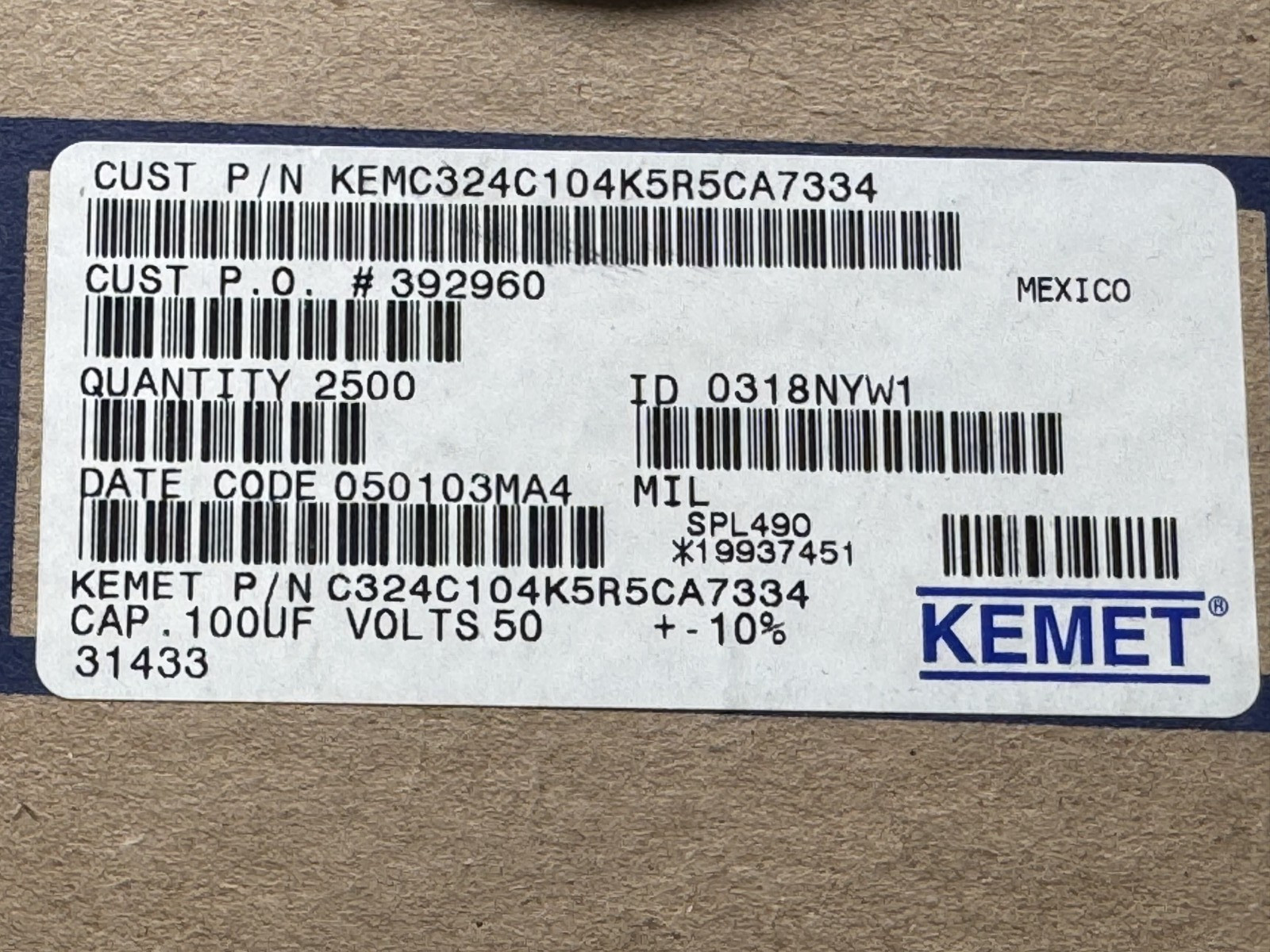 50 Pcs C324C104K5R5CA7334 KEMET Ceramic Capacitor 0.1UF 100nF 104 50V X7R Radial