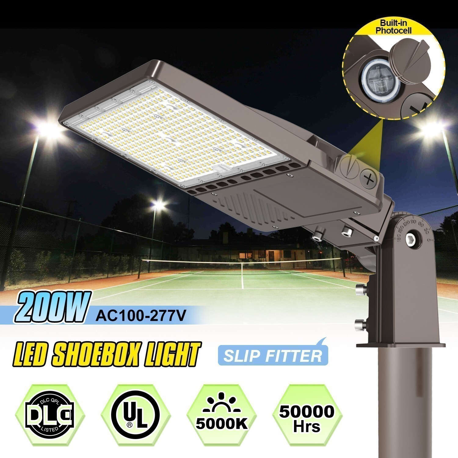 200W LED Parking Lot Light Commercial Outdoor IP65 Shoebox Street Pole Lamp