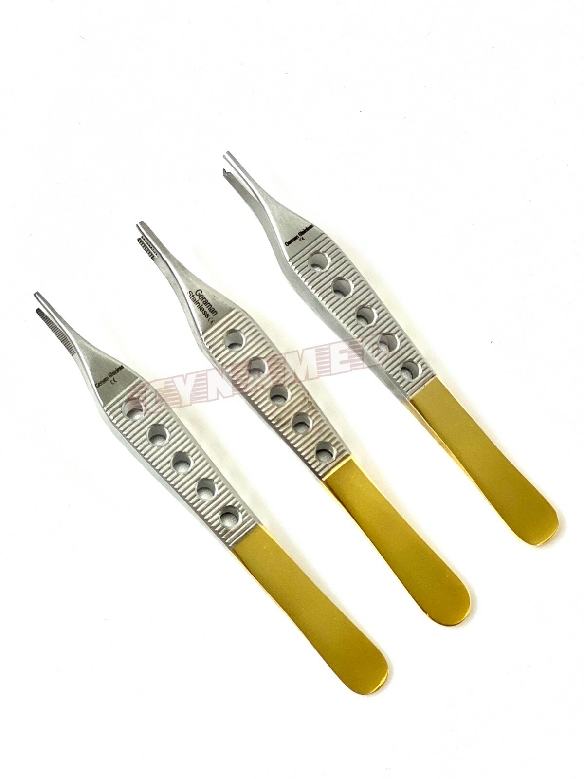 3 PCS GERMAN GOLD HANDLE ADSON TISSUE+BROWN+DRESSING FORCEPS 4.75″ FINESTRATED