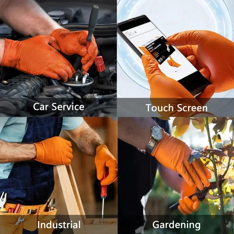 8 Mil Heavy Duty Orange Nitrile Gloves Diamond Textured Disposable Work Mechanic