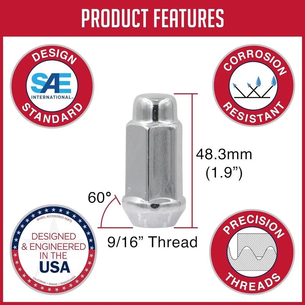 32 Pieces 9/16″ Thread Bulge Acorn 1.90 Long Lug Nuts Chrome 3/4″ Hex Fits 1994-
