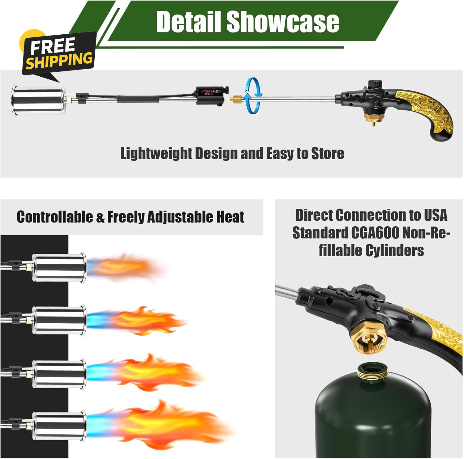 Propane Torch Weed Burner, Adjustable Flame Thrower with Detachable Handle