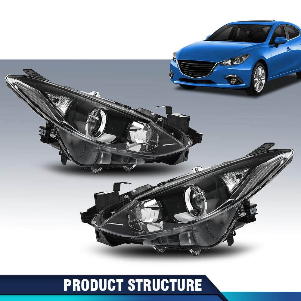 Projector Headlights Pair Mazda 3 14-16 Black Clear Lens w/o Bulbs BHN1510K0/L0