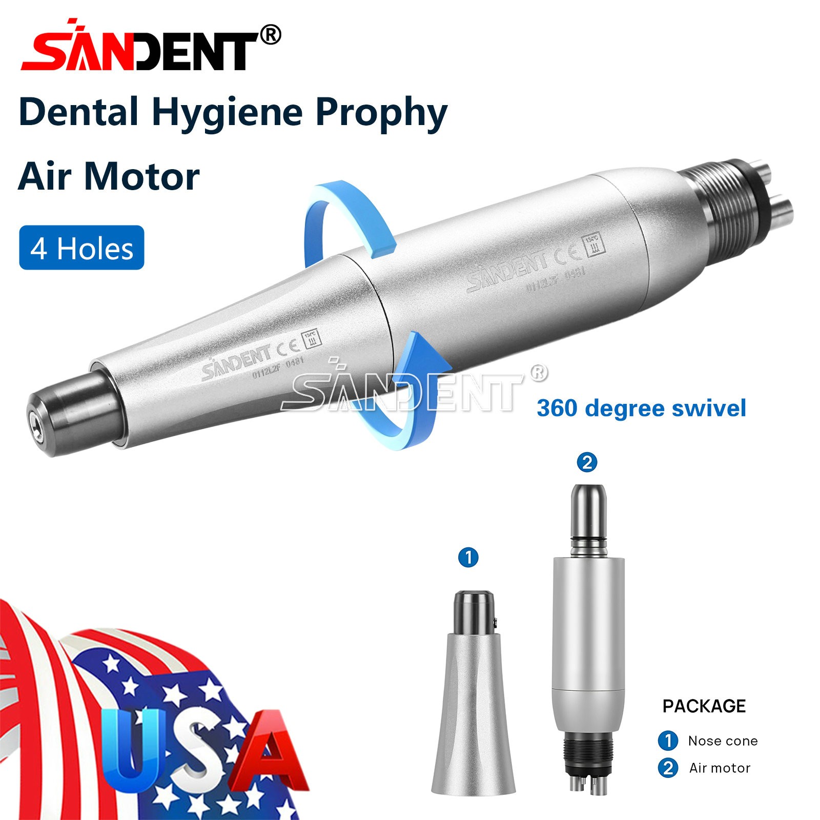 Dental 4:1 Hygiene Prophy Handpiece 360° Swivel Straight Cone Air Motor 4Holes