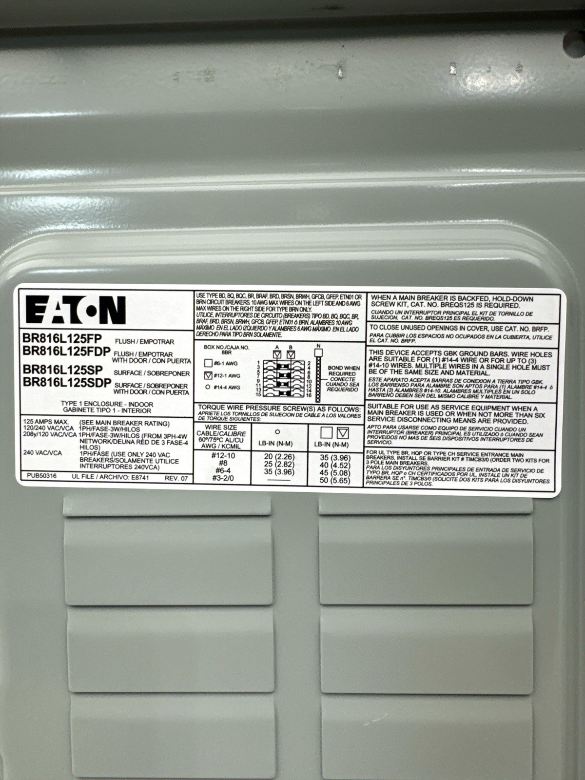 Eaton BR816L125FDP Indoor Main Lug 125A 8-Spaces 16-Circuits (OB)