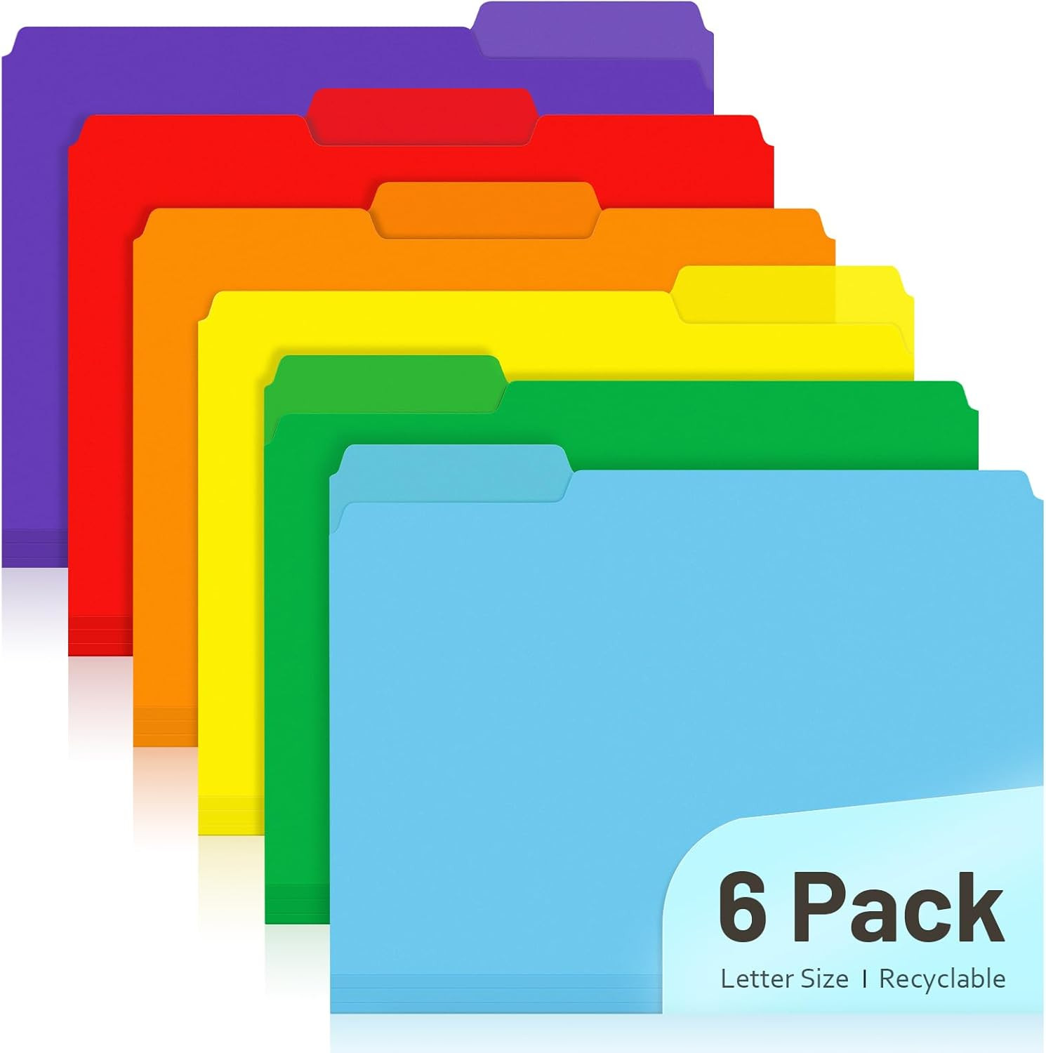 Plastic Colored File Folders, 6 Pack, 1/3-Cut Tabs, Letter Size 8.5X11, 6
