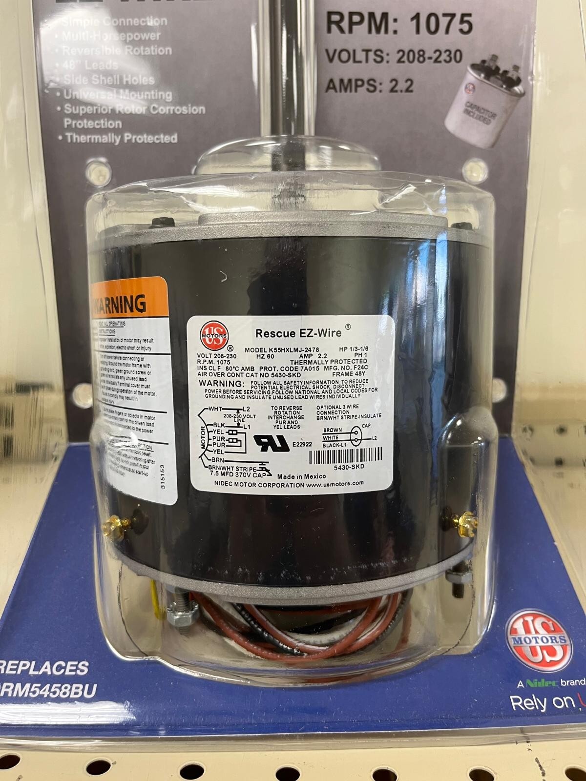 US Motors 5430 RESCUE® EZ-Wire Condenser Fan Motor, 208-230V, 1/3-1/6 HP, 1075