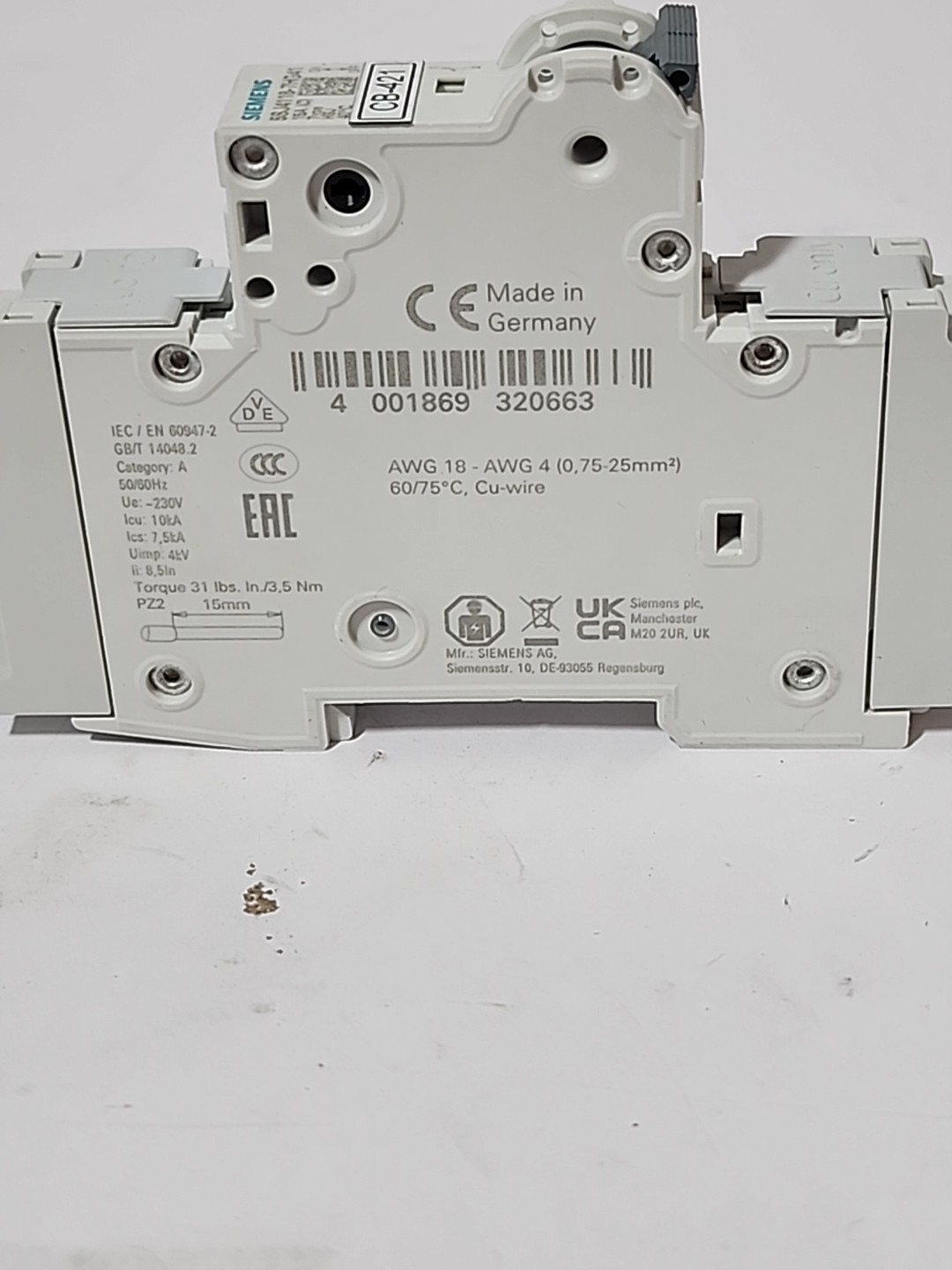 Siemens 5SJ4118-7HG41 Sentron Circuit Breaker 1 Pole 15A 480Y/277V 14kA MCB