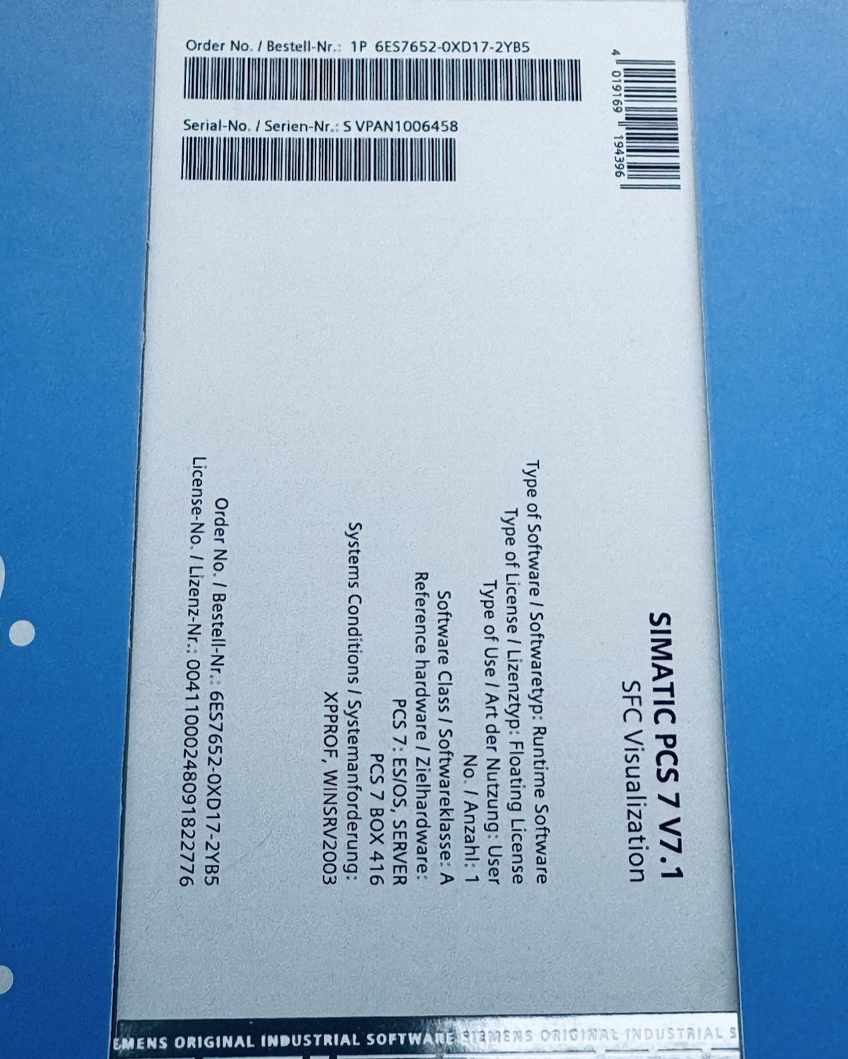 NOB! Siemens 6ES7652-0XD17-2YB5 SIMATIC PCS 7 V7.1 SFC Visualization *WARRANTY*