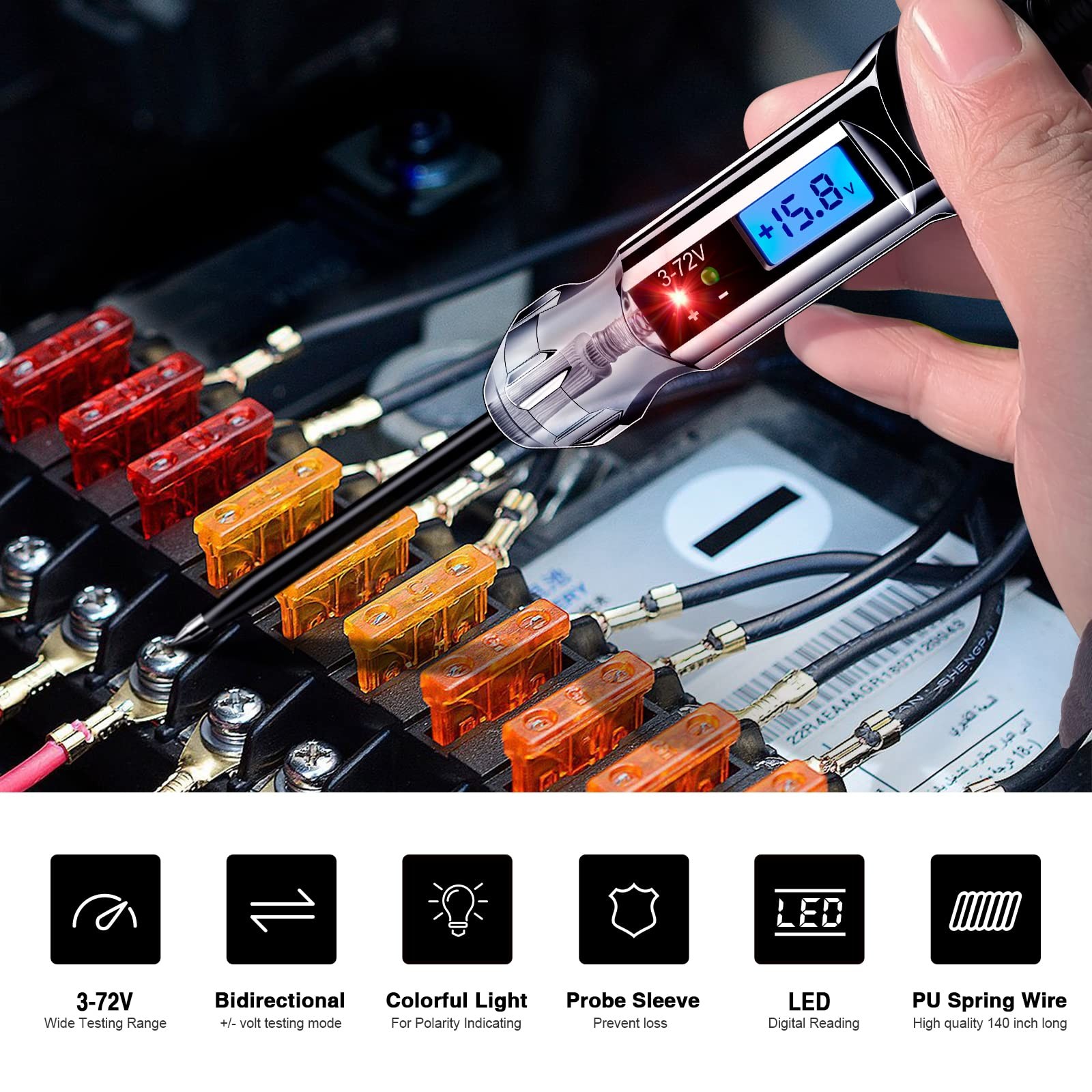 Heavy Duty 3-72V Backlit Digital LCD Circuit Tester Automotive Test Light wit…