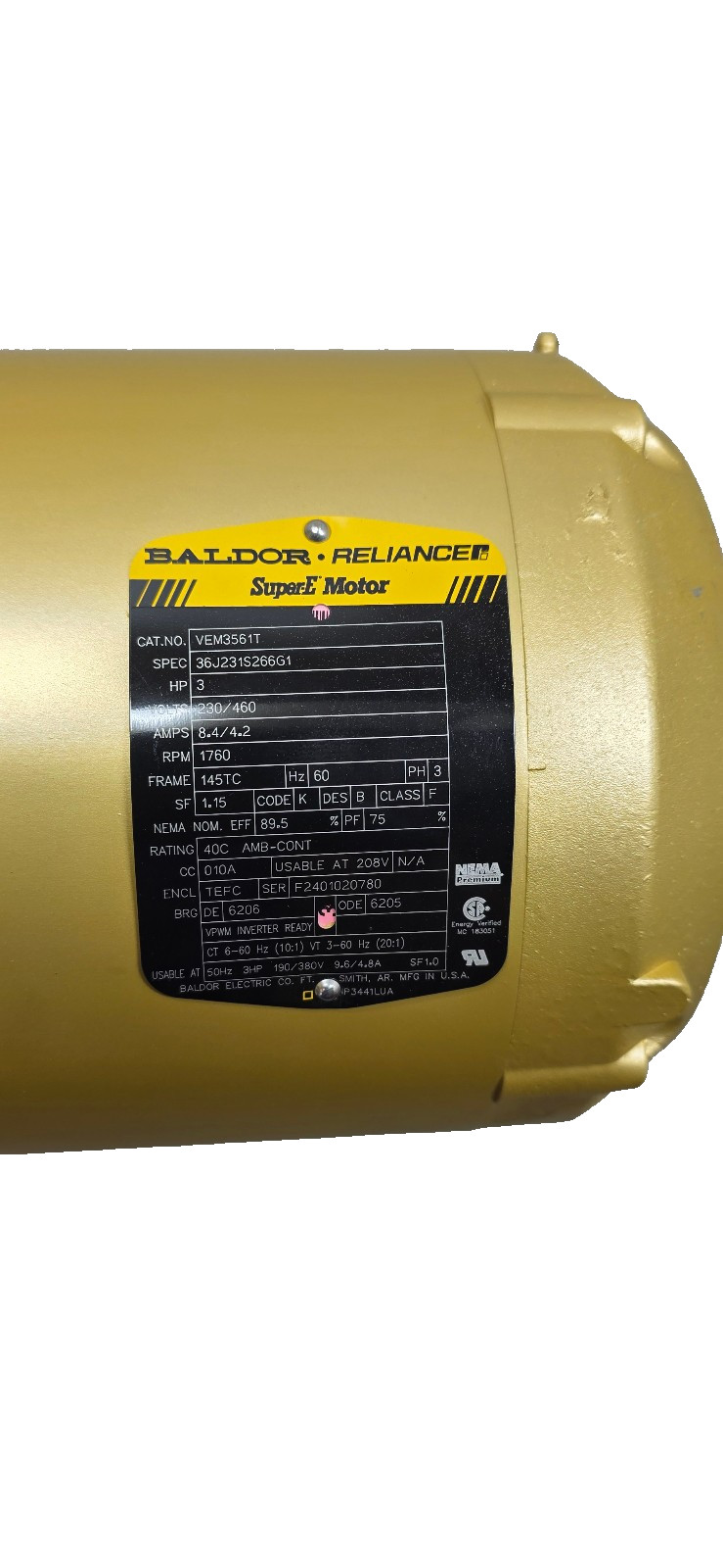 Baldor Reliance SuperE VEM3561T Electric Motor 3PH 230V/460V 1760RPM 145TC NWOP