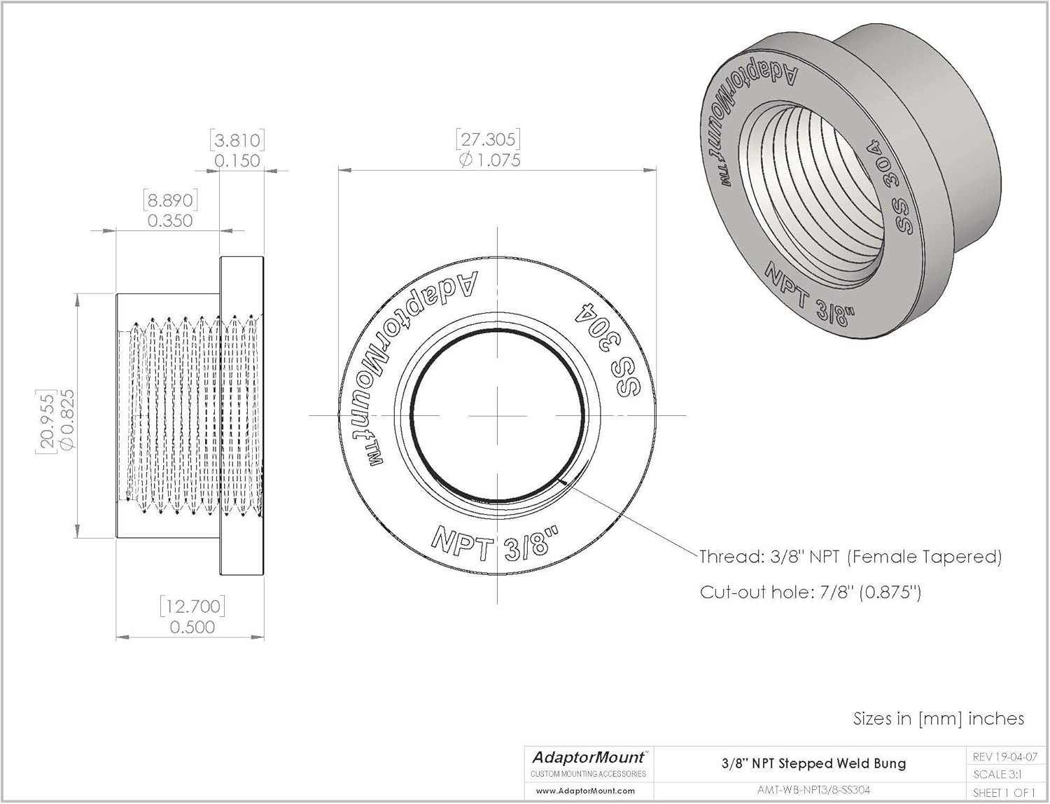 3/8″ NPT Stainless Steel 304 Female Threaded Stepped Weld Bung Mounting Fitting