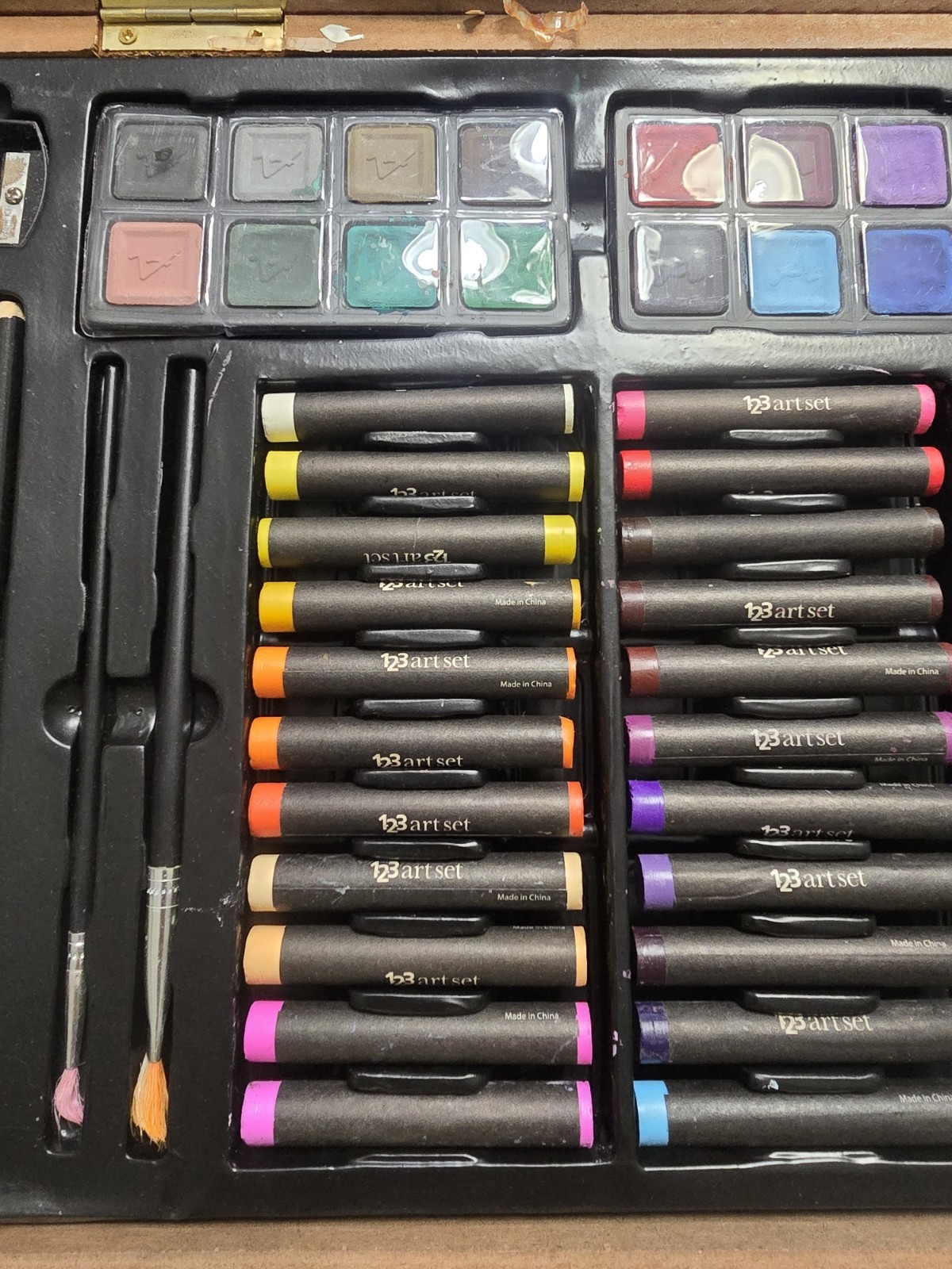 «123» Art Set Wooden Locking Briefcase Holder Used 4 Pencils Only All Paint New