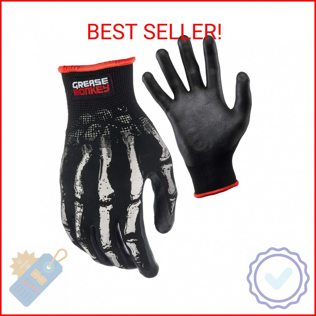 Grease Monkey Bone Series Foam Nitrile Mechanic Gloves with Grip, Work Gloves an