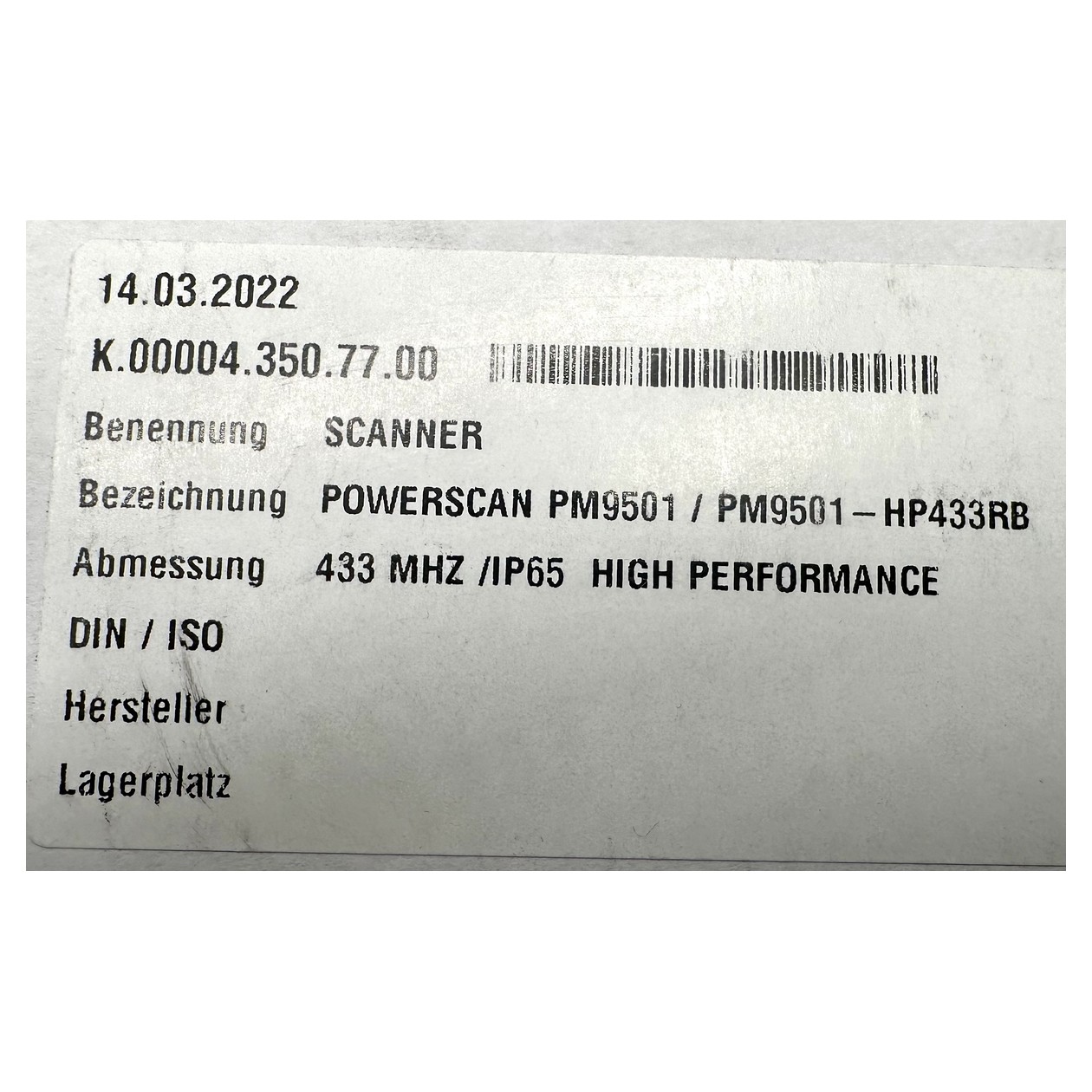 PQ5312 barcode scanner Datalogic powerscan PM9501 HP433RB original packaging incl. holder