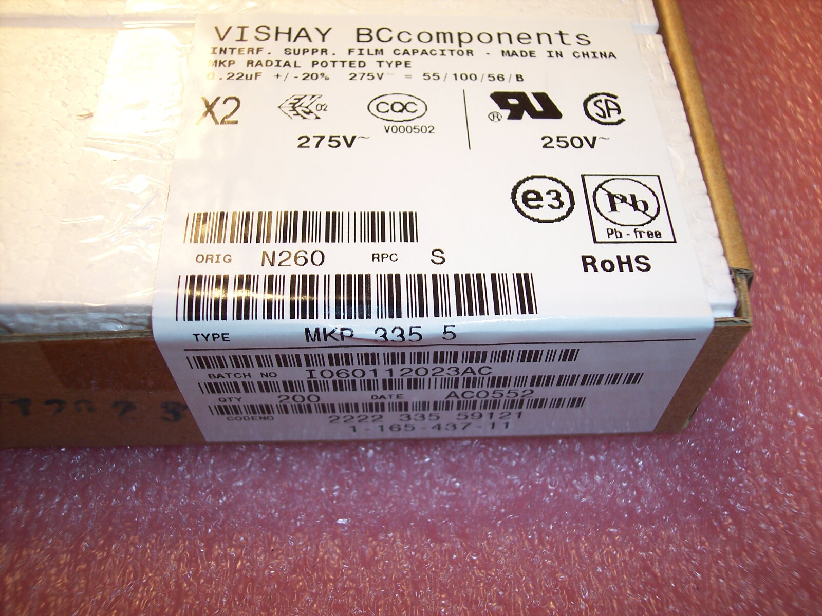 QTY (20) .22uf 250V 275V 20% X2 METALLIZED POLYPROPYLENE FILM 2222-335-59121 BC