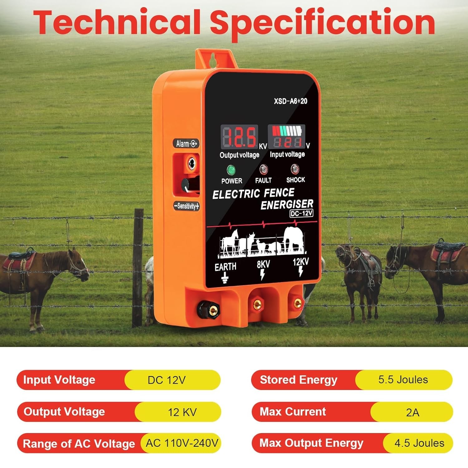 9J Electric Fence Charger Energizer, 9 Joules 400 Acres, AC DC 2 in 1 Powered Su