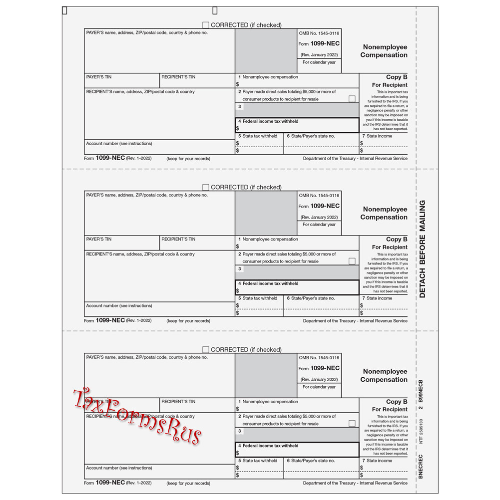 2024 IRS Tax Form 1099-NEC Laser 6 recipients+(1)1096 #NECS405 – 3UP 4pt NO Env
