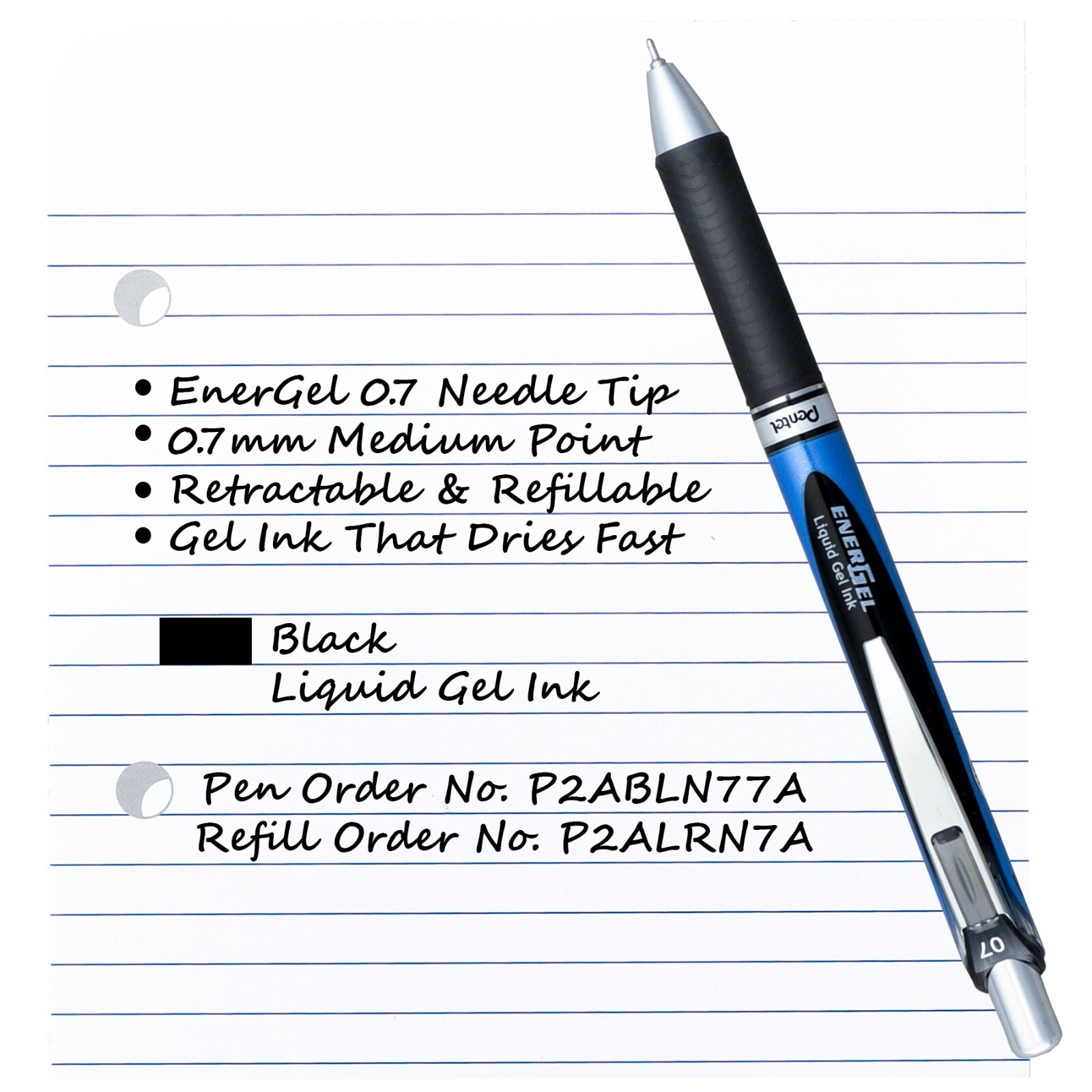 Pentel EnerGel RTX 0.7 Needle Tip BLN77-A Black Liquid Gel Ink Pens & Refills