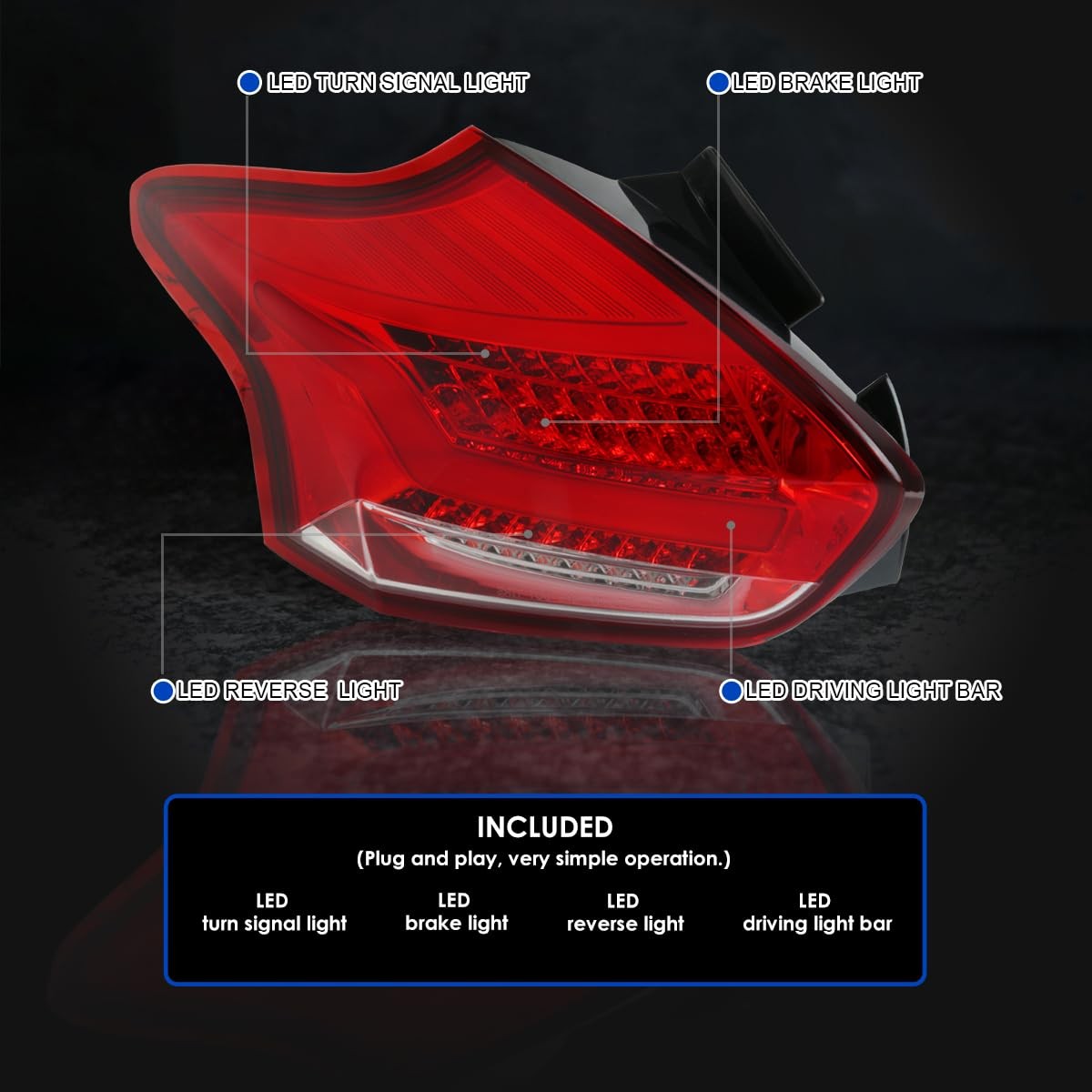 Red LED Bar Tail Lights 2015-2018 for Ford Focus SE ST RS Hatchback Pair