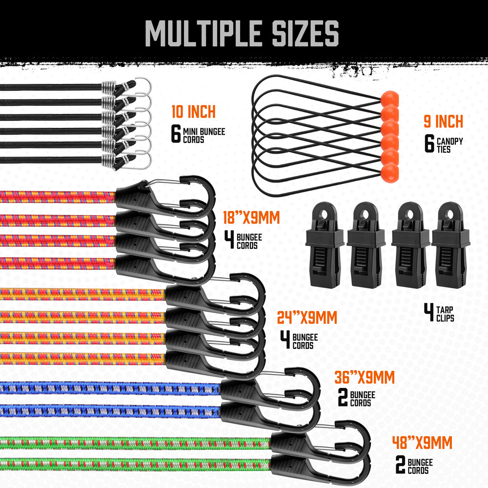 28PC Bungee Cords Carabiner Lock Hooks & Assorted Sizes Luggage Camping Caravan
