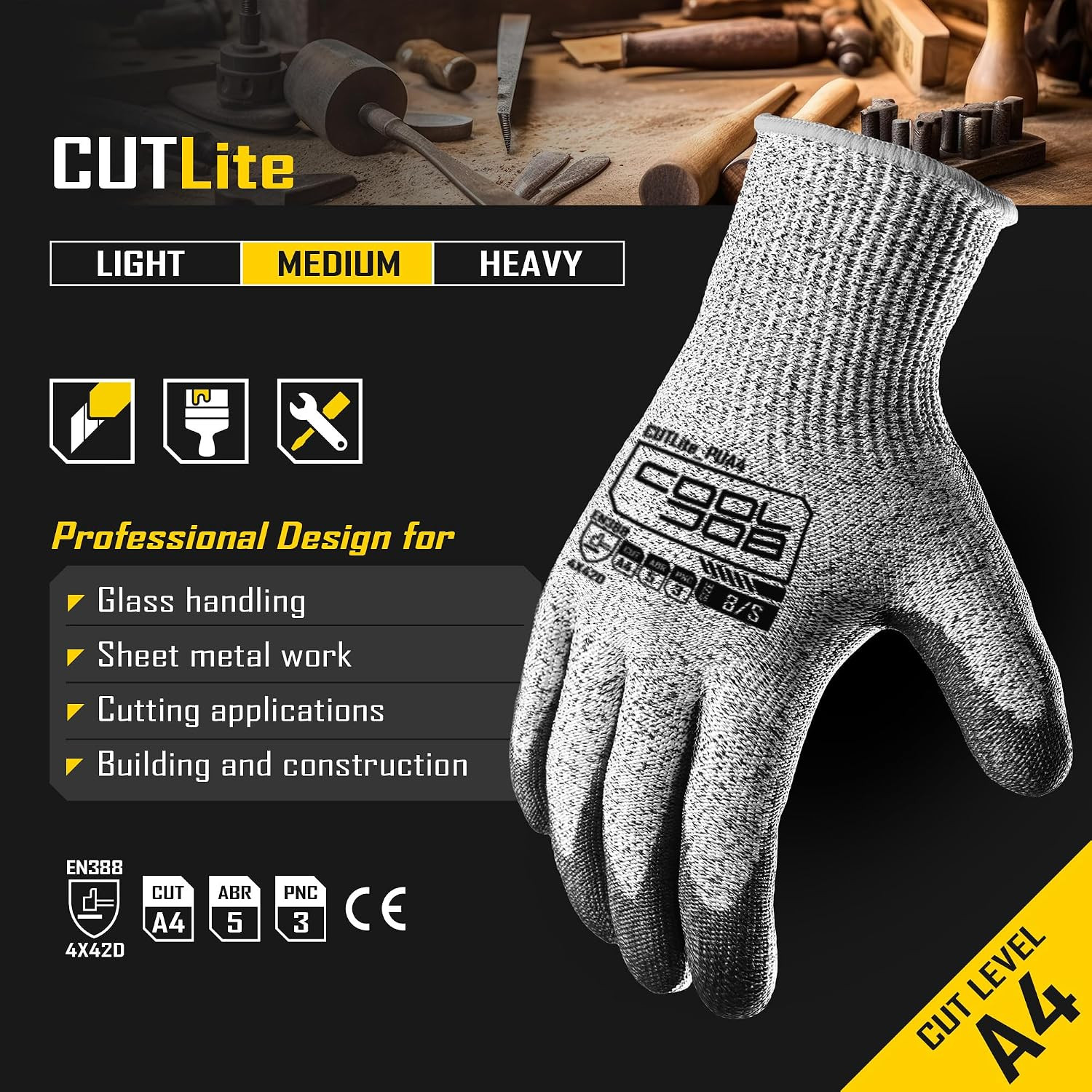12/120 Pairs Cut Resistant Work Gloves PU Coating, ANSI A2 A4 A6 A9