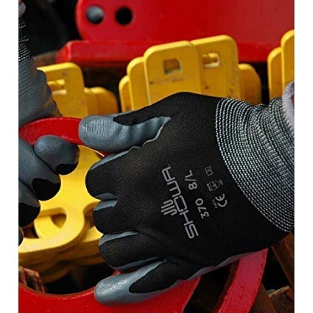 SHOWA ATLAS FIT 370B BLACK NITRILE GARDENING WORK GLOVES (S,M,L,XL,XXL)