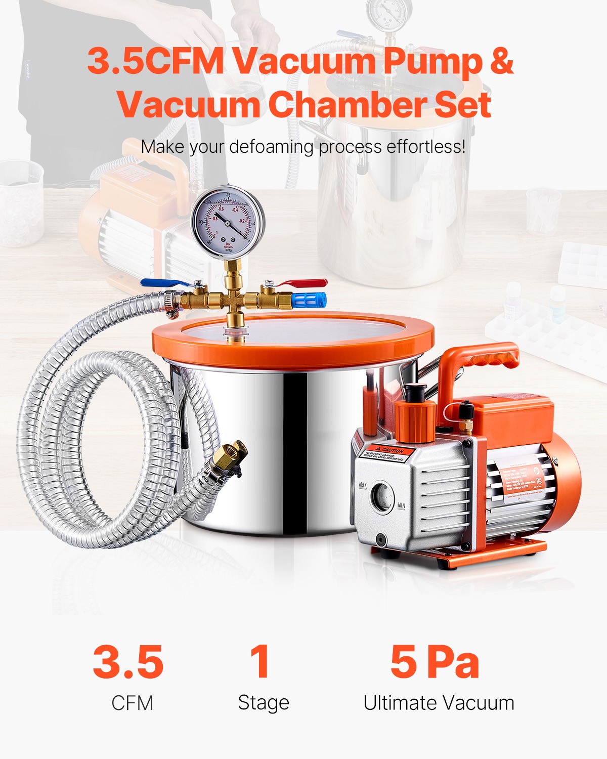 1.5 Gallon Vacuum Chamber 3.5CFM Single Stage Pump Degassing Chamber Kit