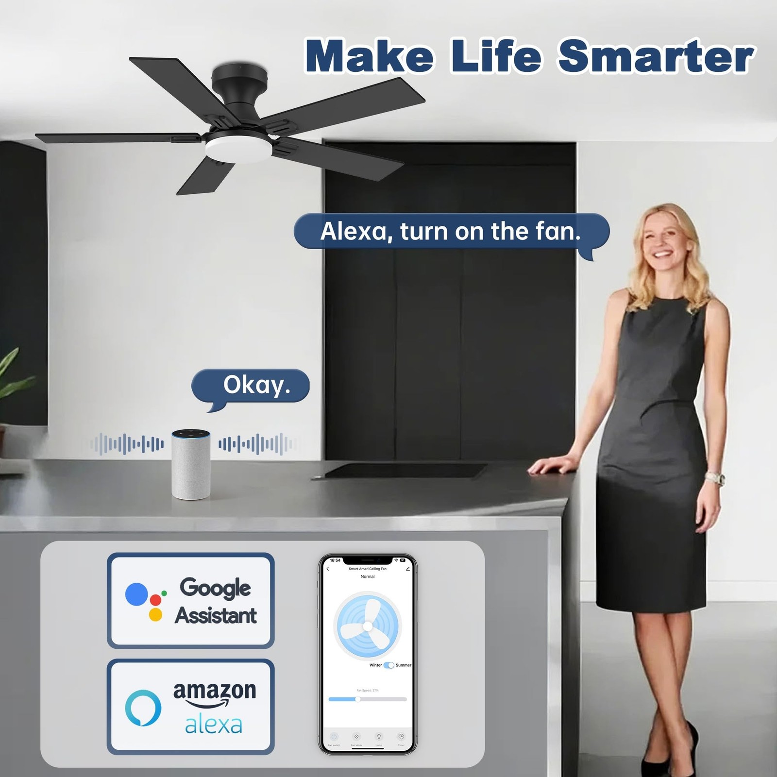 42″ Smart Low Profile Ceiling Fan with Lights Remote,6 speed Quite DC Motor,W…